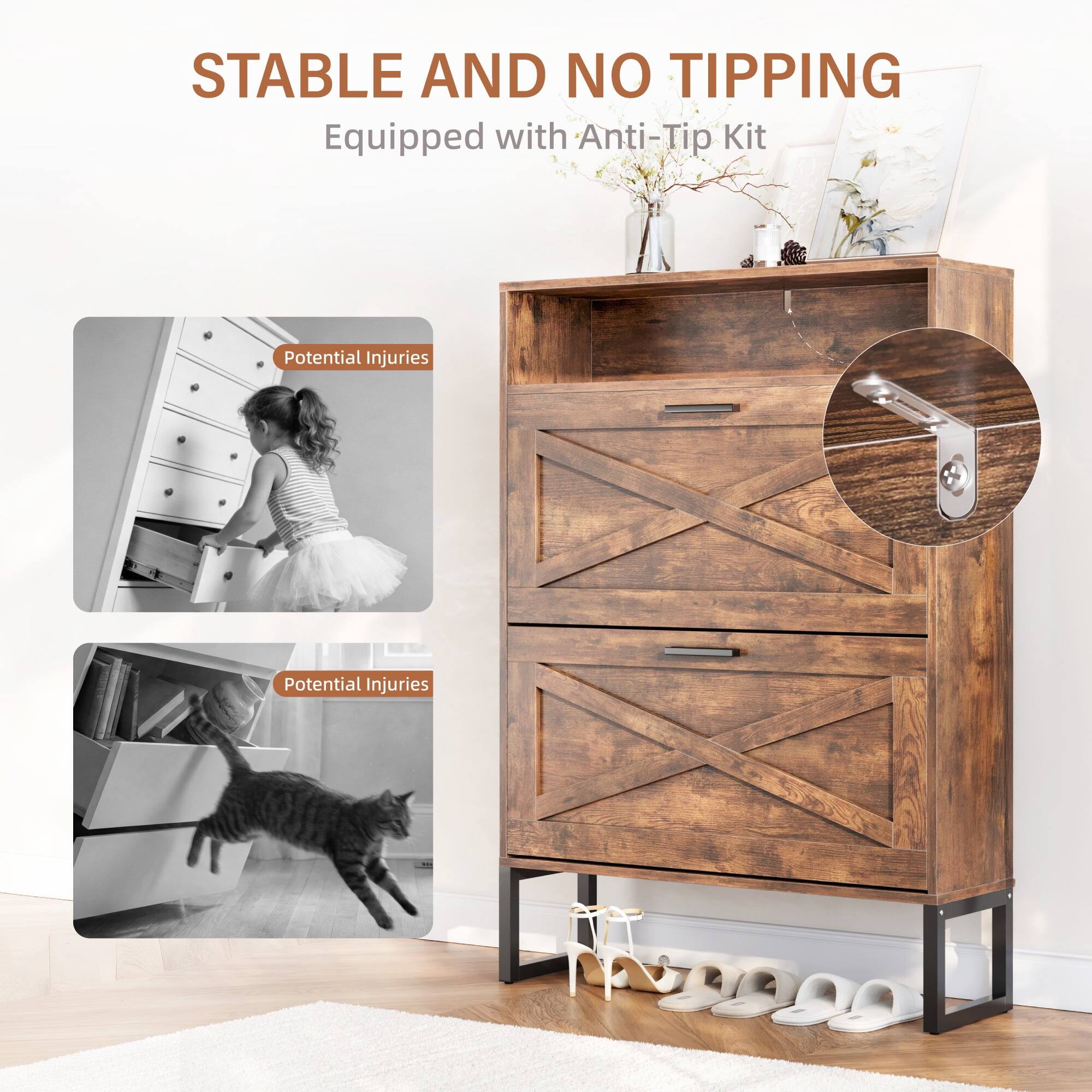 STABLE AND NO TIPPING  
Equipped with Anti-Tip Kit  

Potential Injuries  
Potential Injuries
