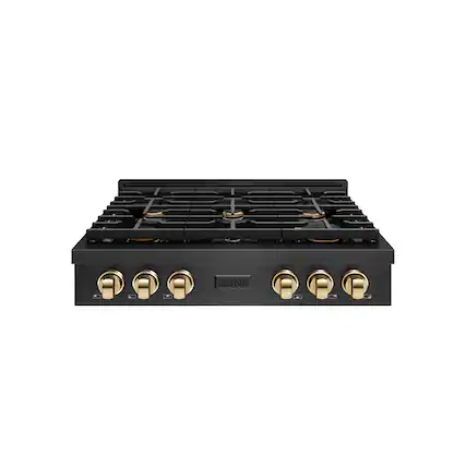 Front. ZLINE - ZLINE Autograph 36 in. 6 Burner Paramount Gas Rangetop in Black Satin Stainless Steel with Gold Accents (SRTBSZ-36-G) - Black Satin Stainless Steel.