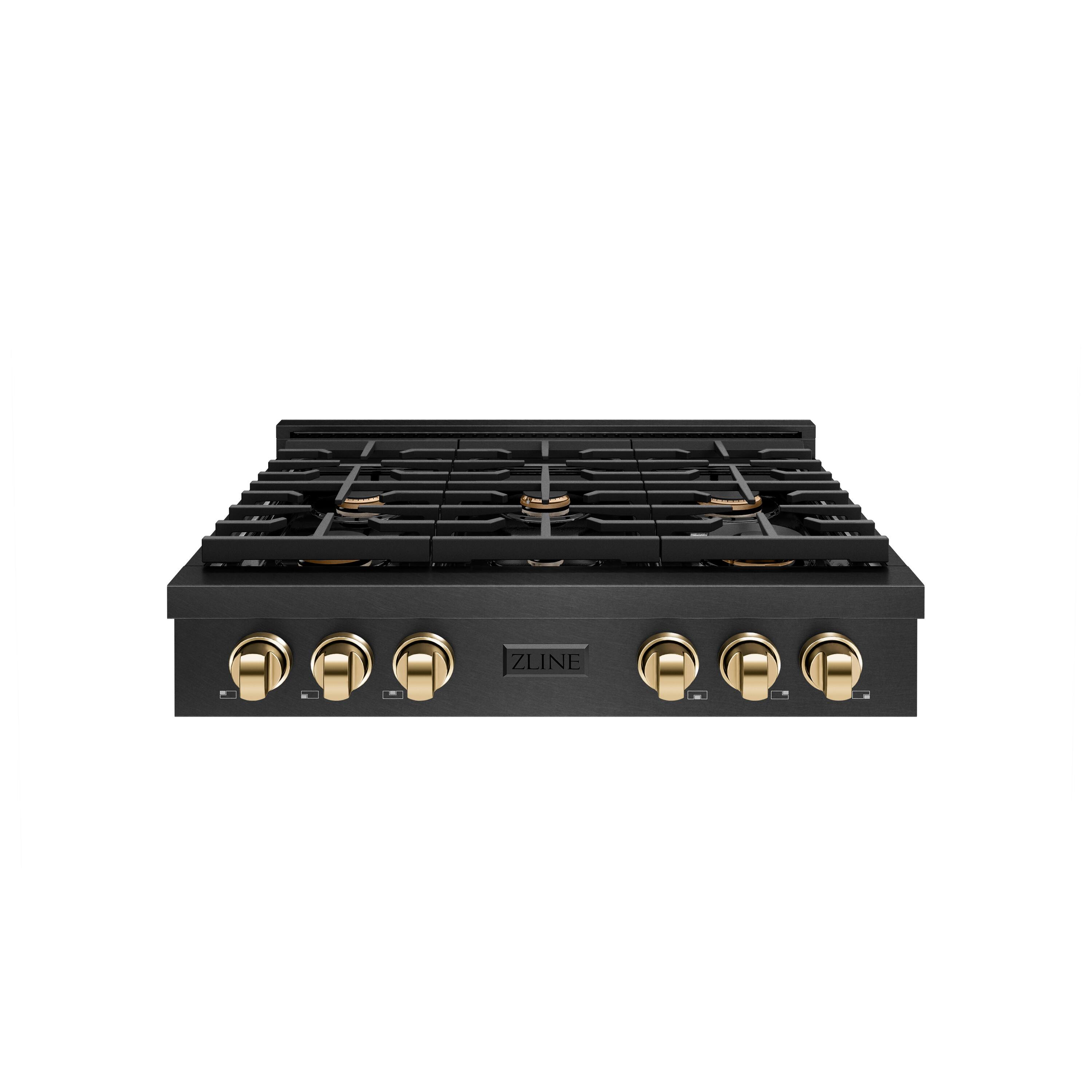 Front. ZLINE - ZLINE Autograph 36 in. 6 Burner Paramount Gas Rangetop in Black Satin Stainless Steel with Gold Accents (SRTBSZ-36-G) - Black Satin Stainless Steel.
