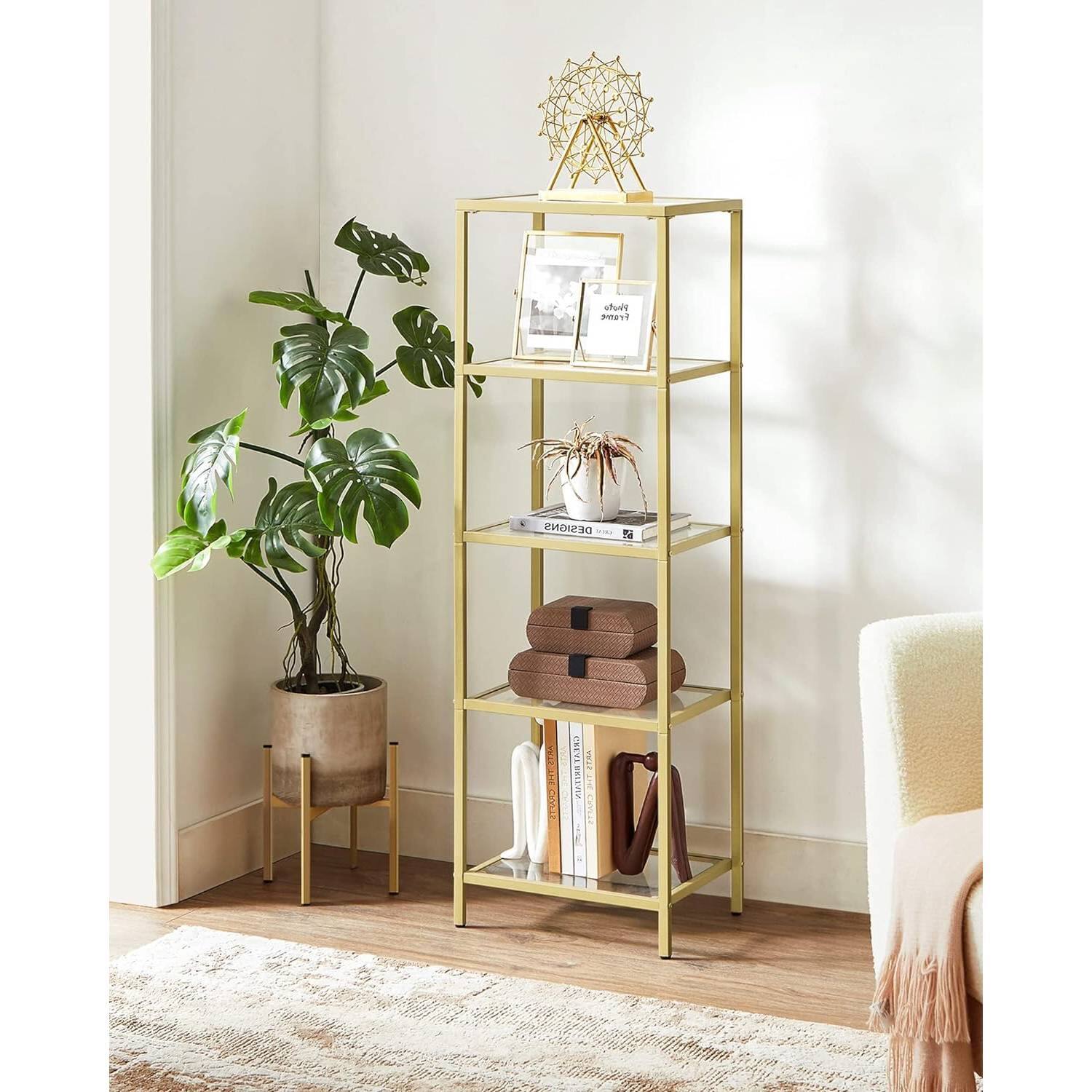 Hivvago- Narrow Metal Frame Glass Shelves Shelving Unit Slim 4-Shelf Bookcase- Gold