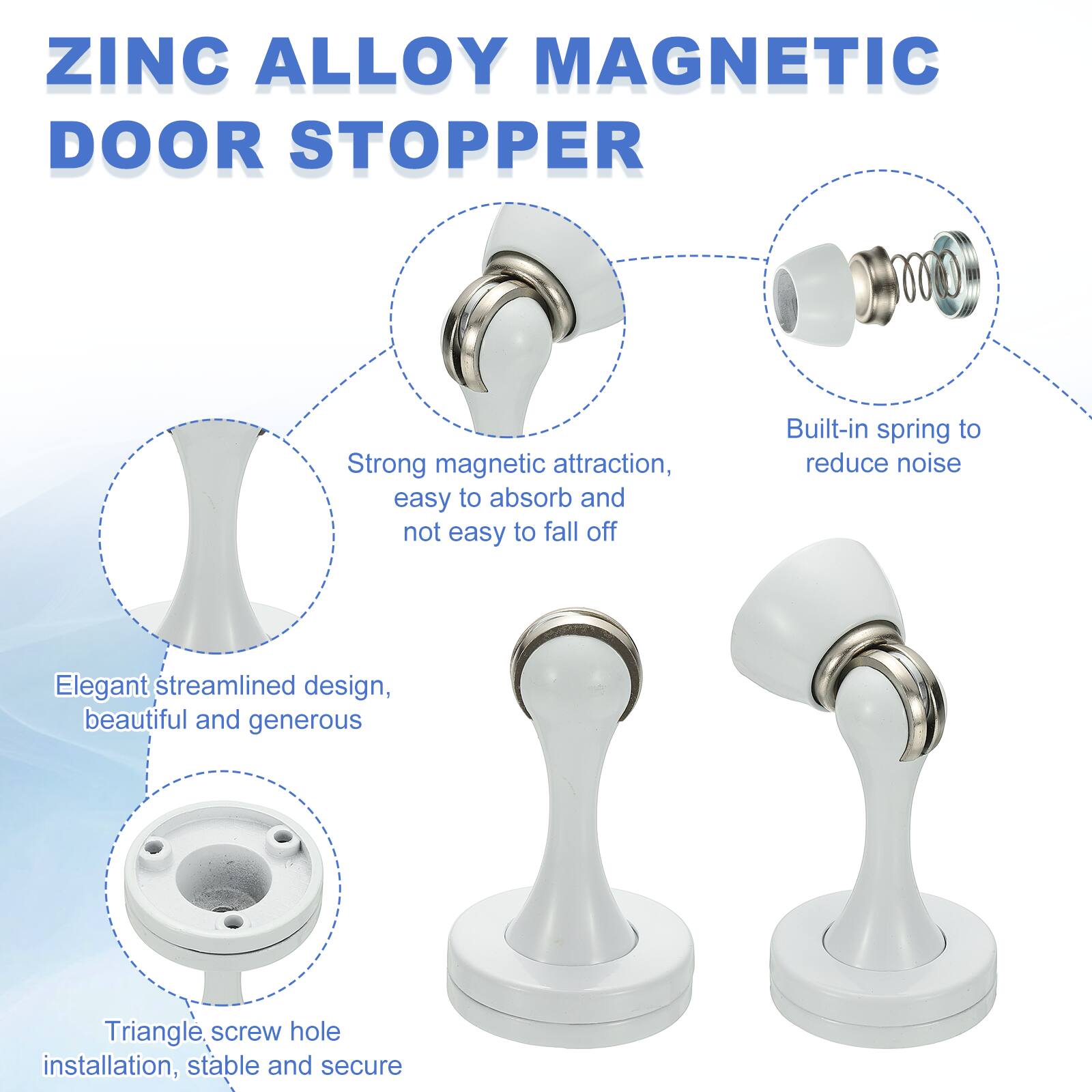 ZINC ALLOY MAGNETIC DOOR STOPPER

- Strong magnetic attraction, easy to absorb and not easy to fall off
- Built-in spring to reduce noise
- Elegant streamlined design, beautiful and generous
- Triangle screw hole installation, stable and secure