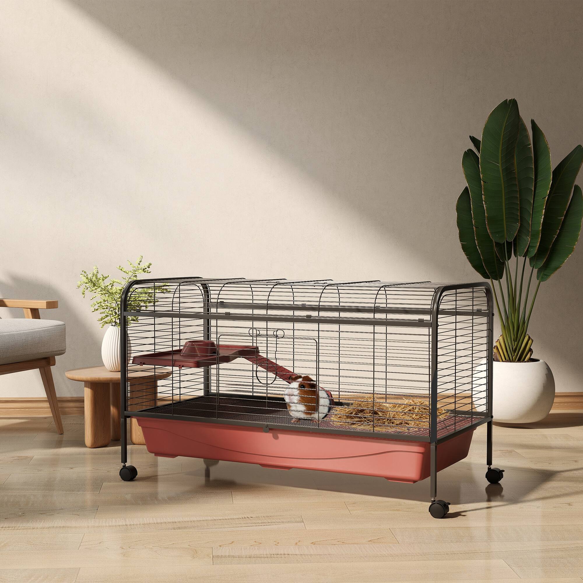 Alt View 1. Pawhut - L Small Animal Cage, Pet Play House for Rabbit Hutch or Ferret with Feeder, Rolling Wheels.