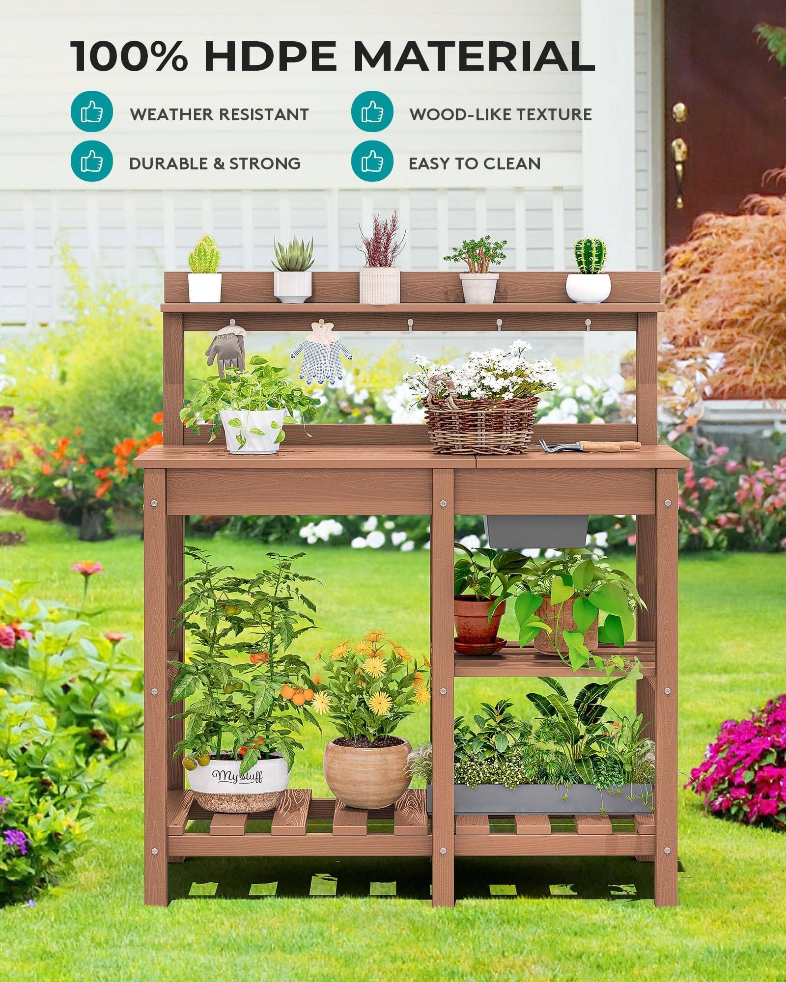 100% HDPE MATERIAL  
WEATHER RESISTANT  
WOOD-LIKE TEXTURE  
DURABLE & STRONG  
EASY TO CLEAN