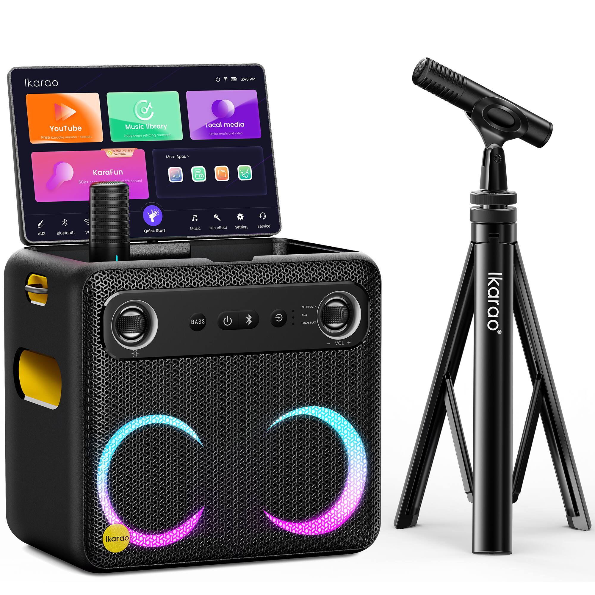 Ikaroo

3:45 PM

YouTube Free srooks version Search
Music library  your relowing momont.
Local media cone minute ni uses
make -
More Apps
KaraFun sok+ WT ands cantral
AUX
Bluetooth
TV
Quick stort
Music Mc effect BASS
Setting
Service G
BUETOOTH Like UCAURA
VOL
Ikaroo
Ikaroo
