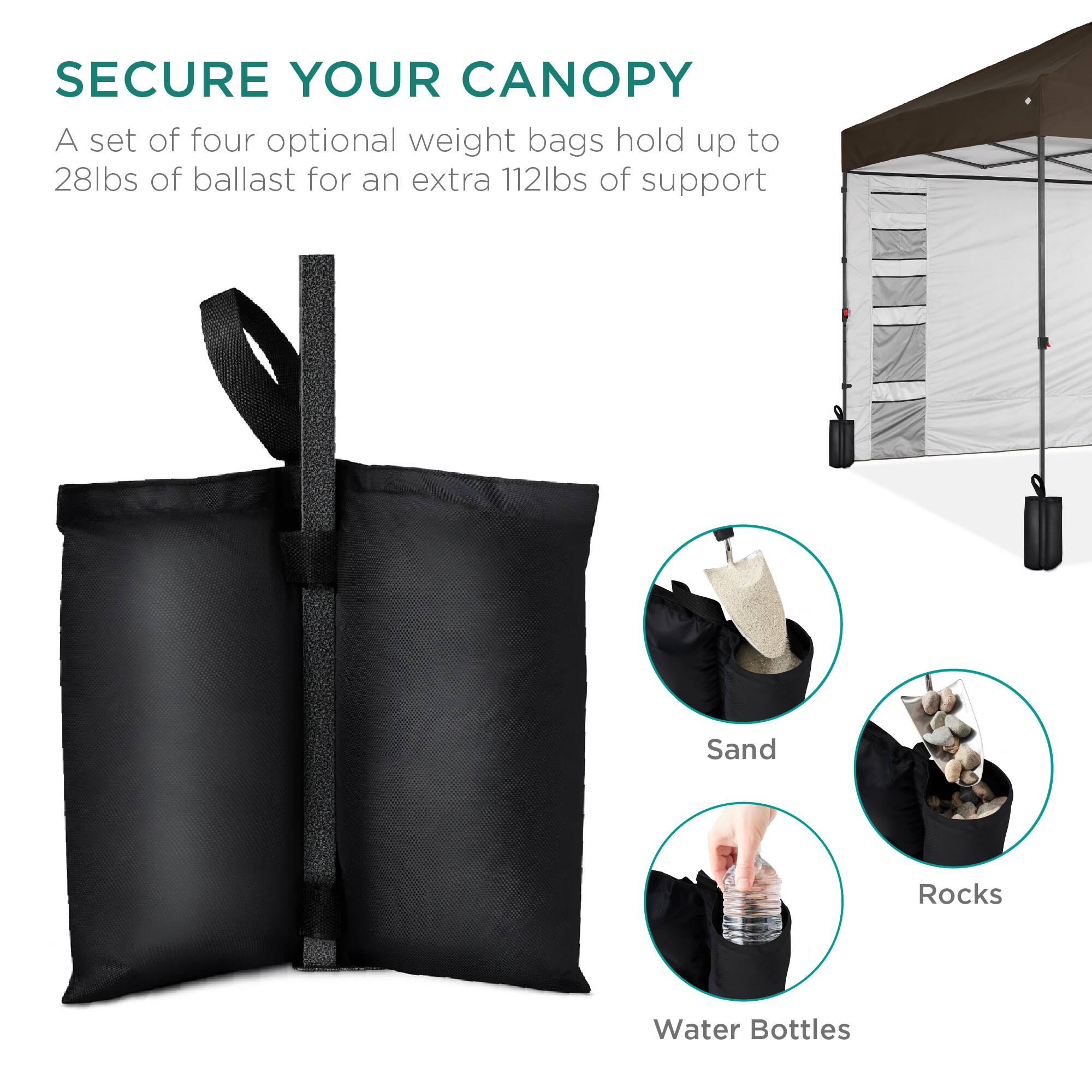 SECURE YOUR CANOPY

A set of four optional weight bags hold up to 28lbs of ballast for an extra 112lbs of support

Sand  
Rocks  
Water Bottles