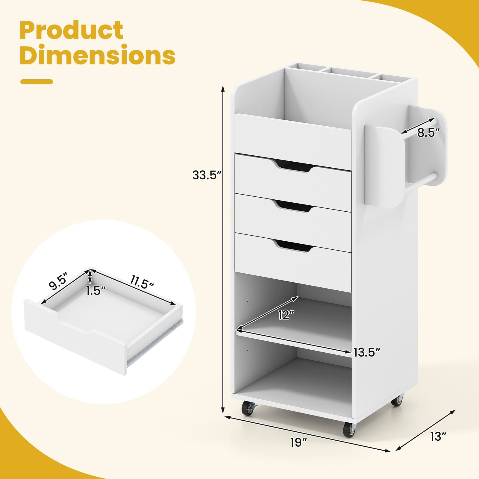 Product Dimensions - 8.5" x 33.5" x 9.5" x 1.5" x 11.5" x 12" x 13.5" x 19" x 13"