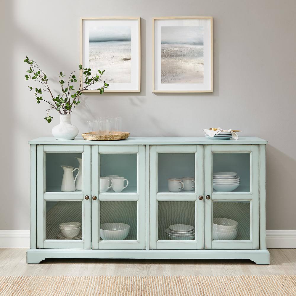 Alt View 9. Crosley Furniture - Holbrook Glass Door Sideboard - Distressed Seafoam Blue.