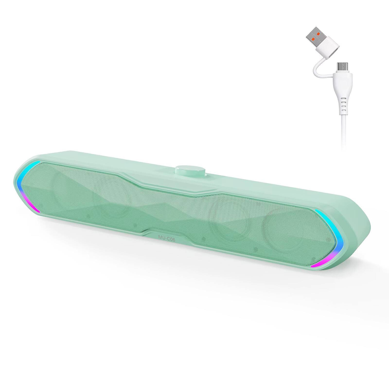 Front. PRIMEPLUS - 6W Bluetooth 5.3 Wireless Soundbar for Desktop with USB Plug and Play RGB Lighting and Wired Control Knob - Green.