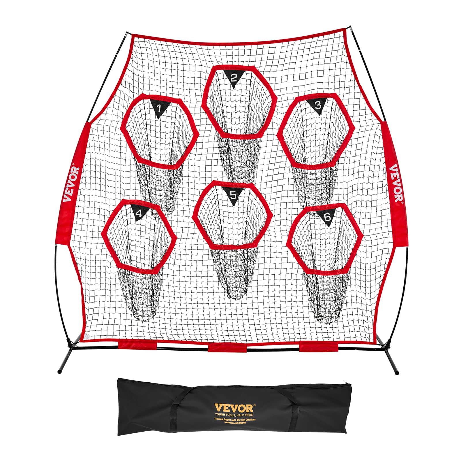 VEVOR - 8 x 8 ft Football Trainer Throwing Net, Training Throwing Target Practice Net with 6 Target Pockets, Knotless Net - Red
