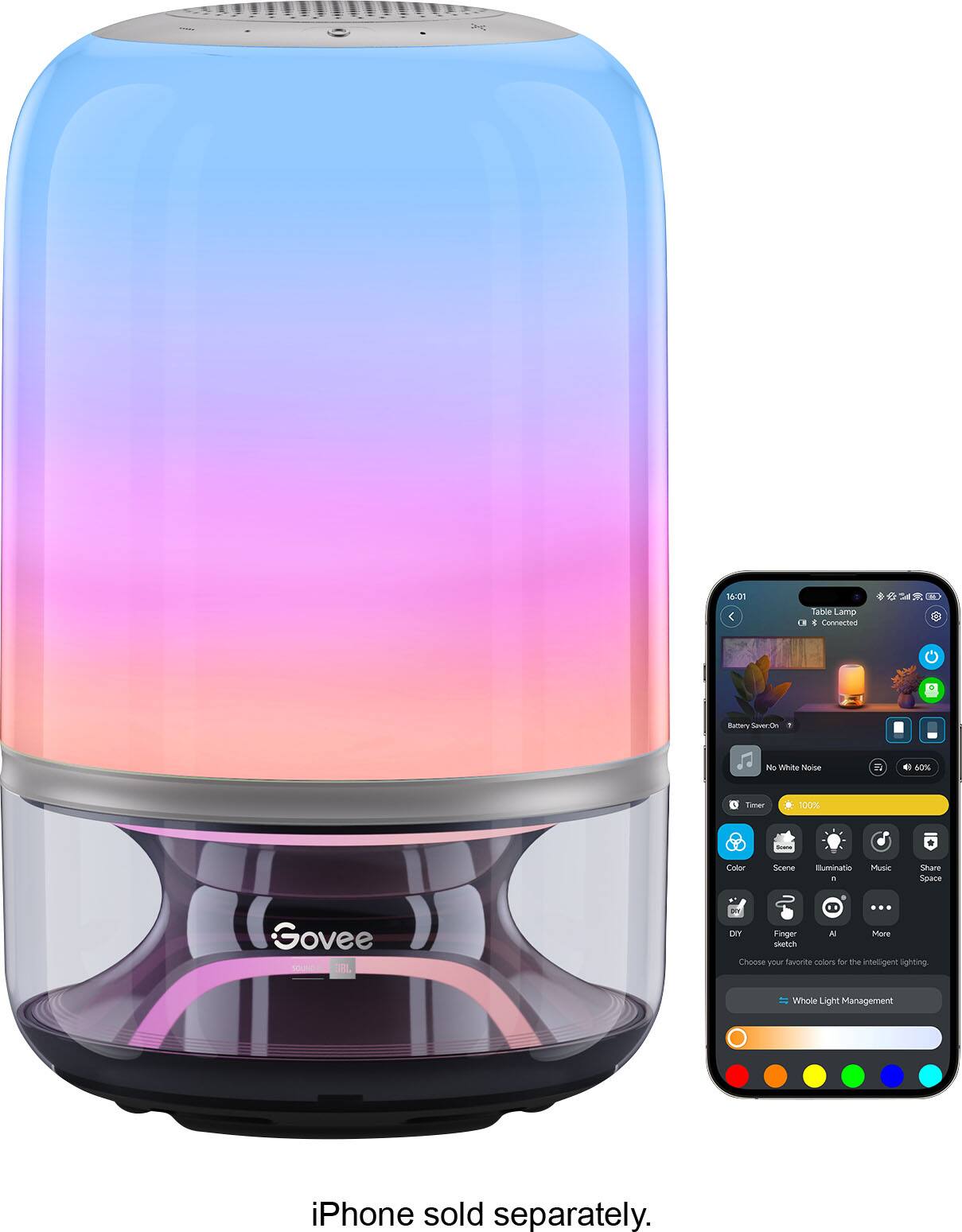 14:01  
Table Lamp  
Connected  
Battery Saver-On  
No White Noise  
60%  
Timer soon  
Color  
Scene  
Illumination  
Music  
Share Space  
DIY  
Finger Sketch  
AI  
More  
Choose your favorite colors for the intelligent lighting.  
Whole Light Management  
iPhone sold separately.