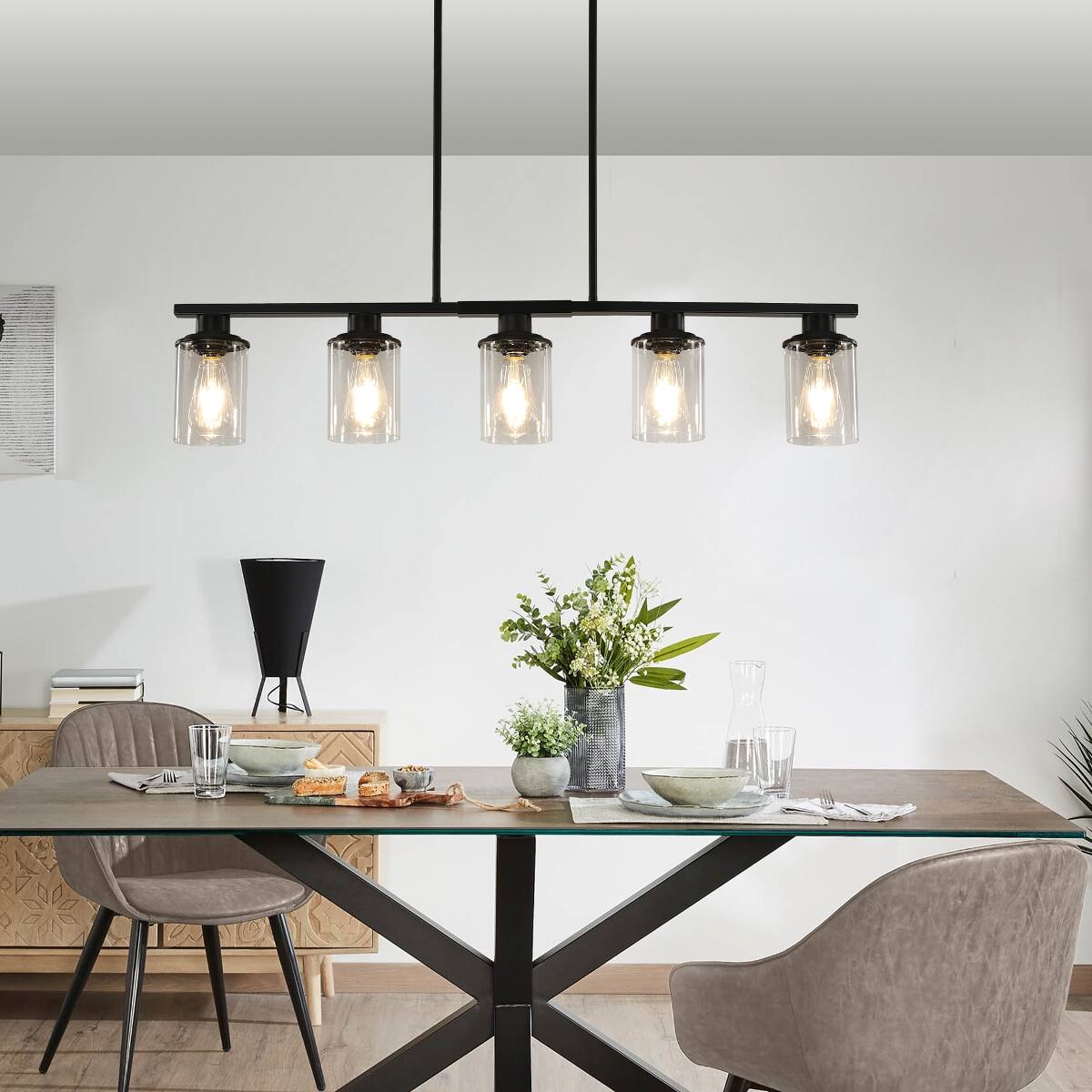 Back. Loheer - Loheer 37 inch 5 Light Chandelier Matte Black Iron Frame with Clear Glass Shades for Dining Room or Kitchen Island.