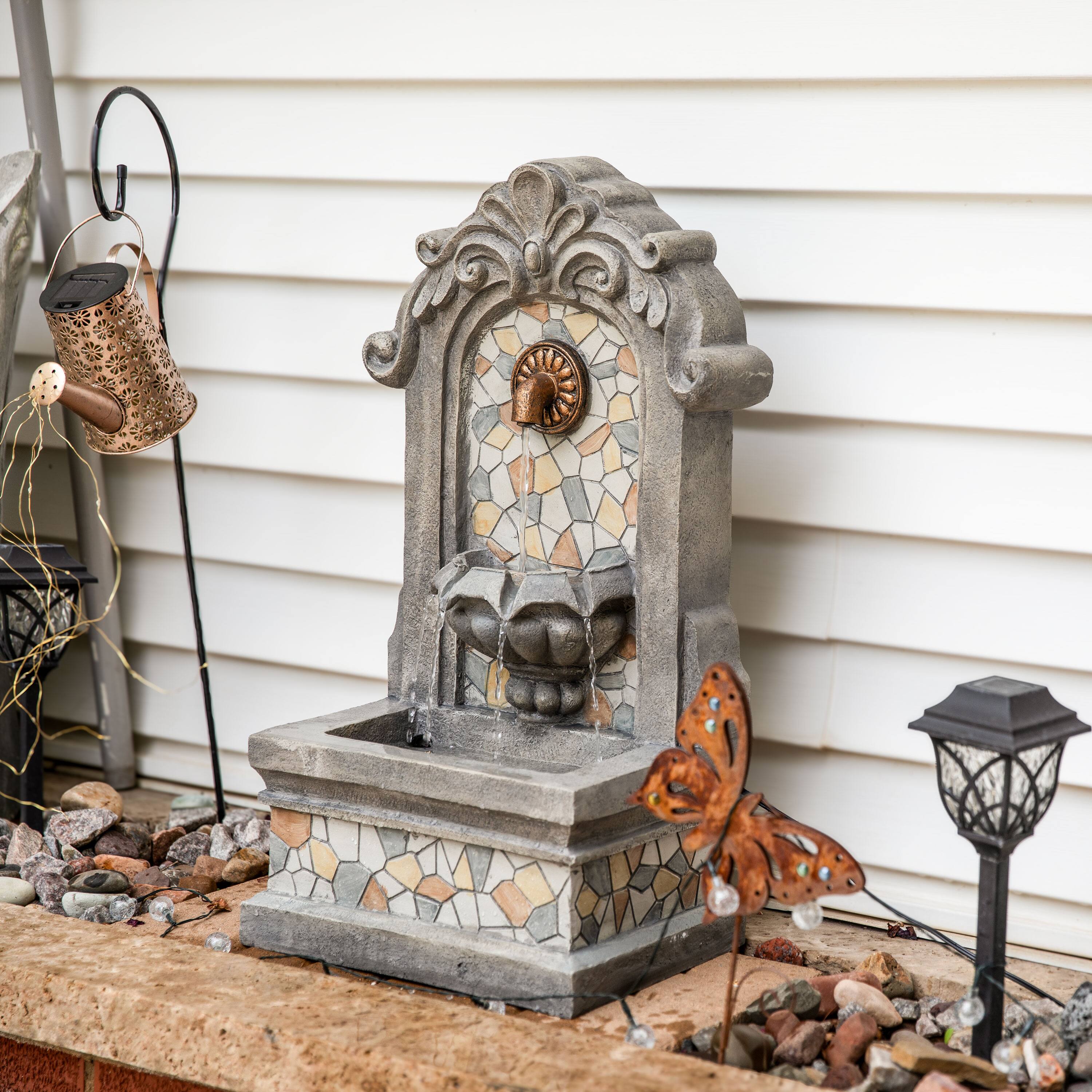 Alt View 3. Sunnydaze - Enchanting Estate Polyresin Flat Back Outdoor Wall Fountain - Gray.