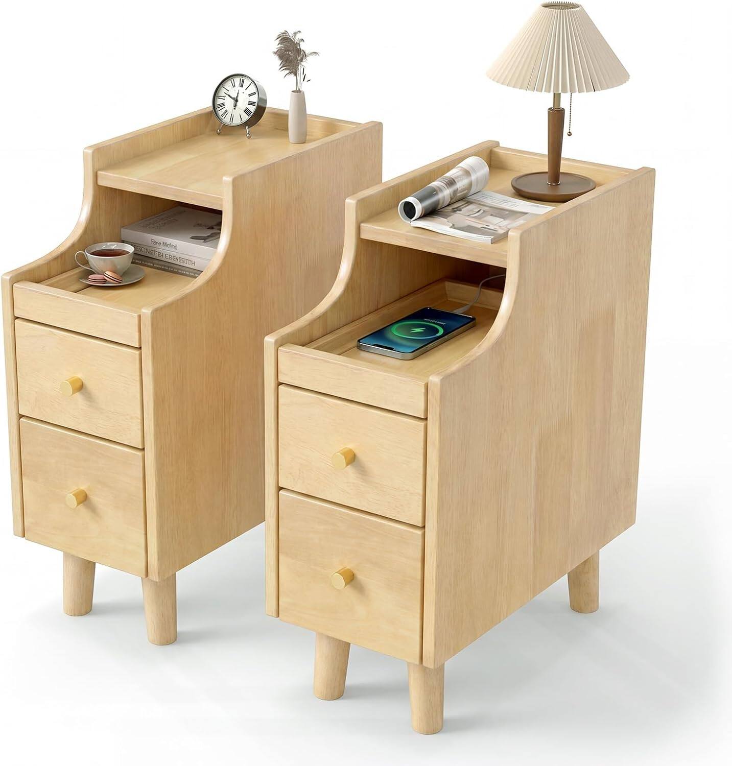 Gymax - 2PCS Narrow Nightstand Solid Wood End Table w/Pull-out Tray & 2 Storage Drawers Natural - Yellow price history on PriceWatchPro