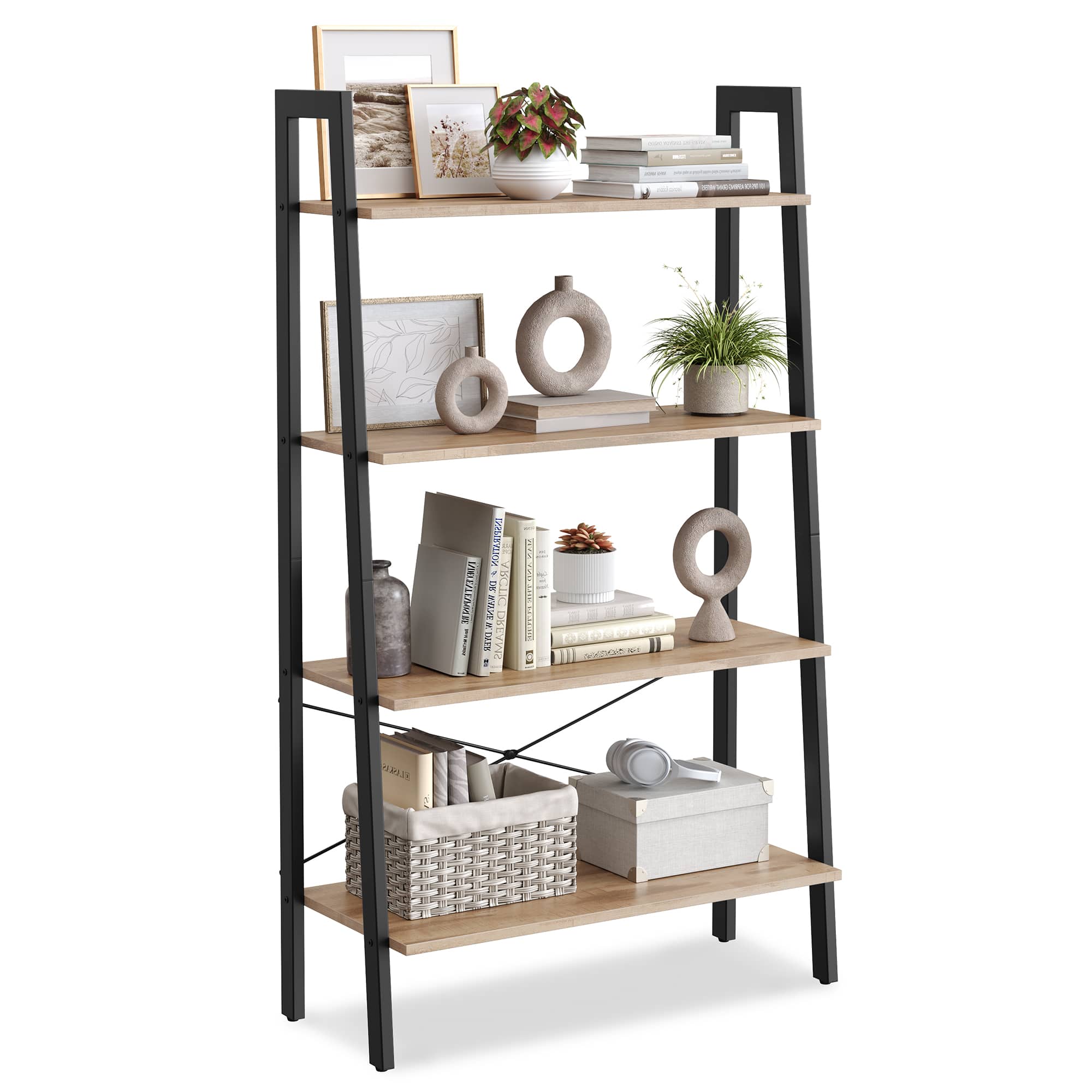 Songmics Home - Ladder Shelf, 4-Tier Bookshelf, Storage Rack, Bookcase with Steel Frame, for Living Room,Industrial Style - Camel Brown and Black