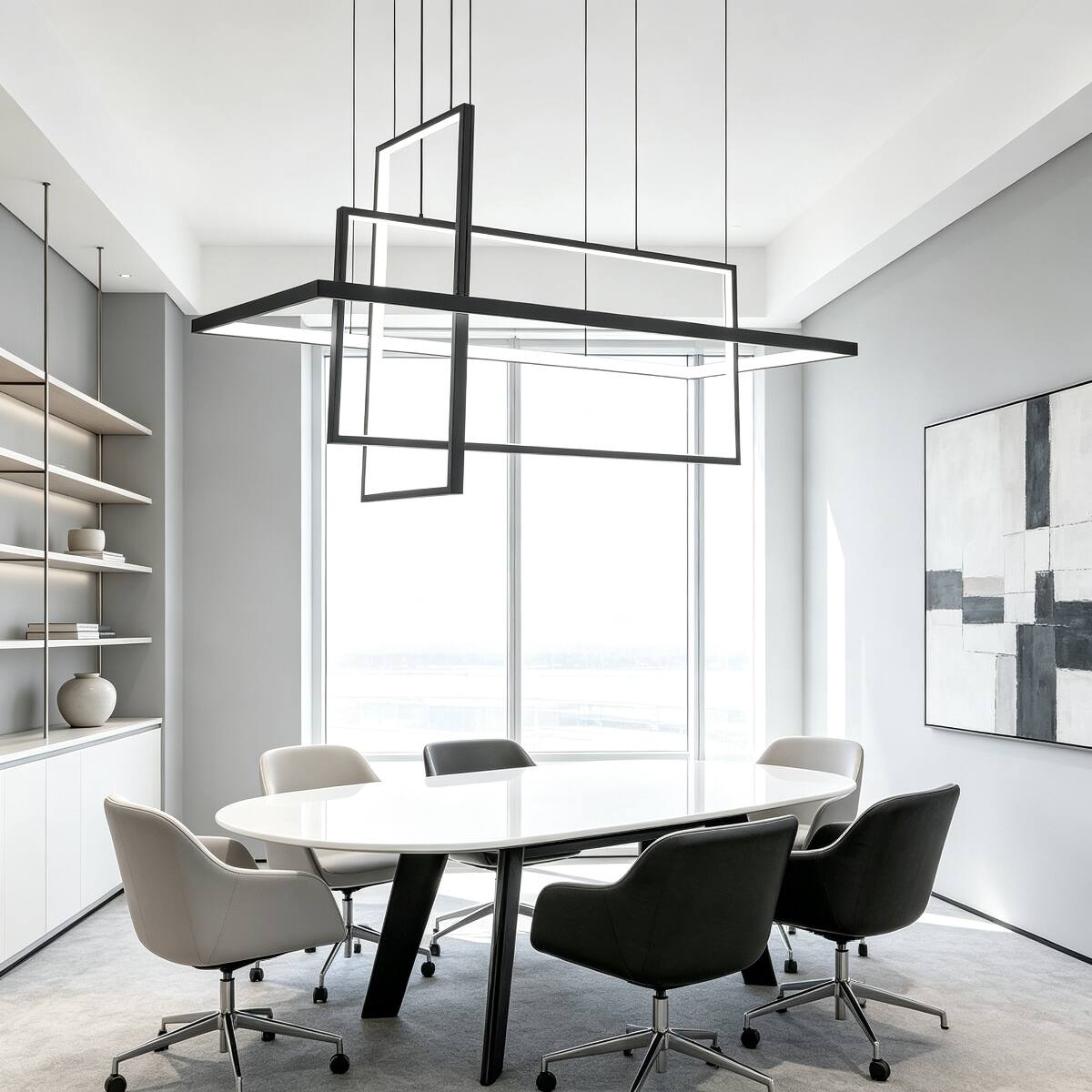 Angle. Loheer - Loheer 33 inch modern LED chandelier, three light black aluminum frame for dining or living rooms.