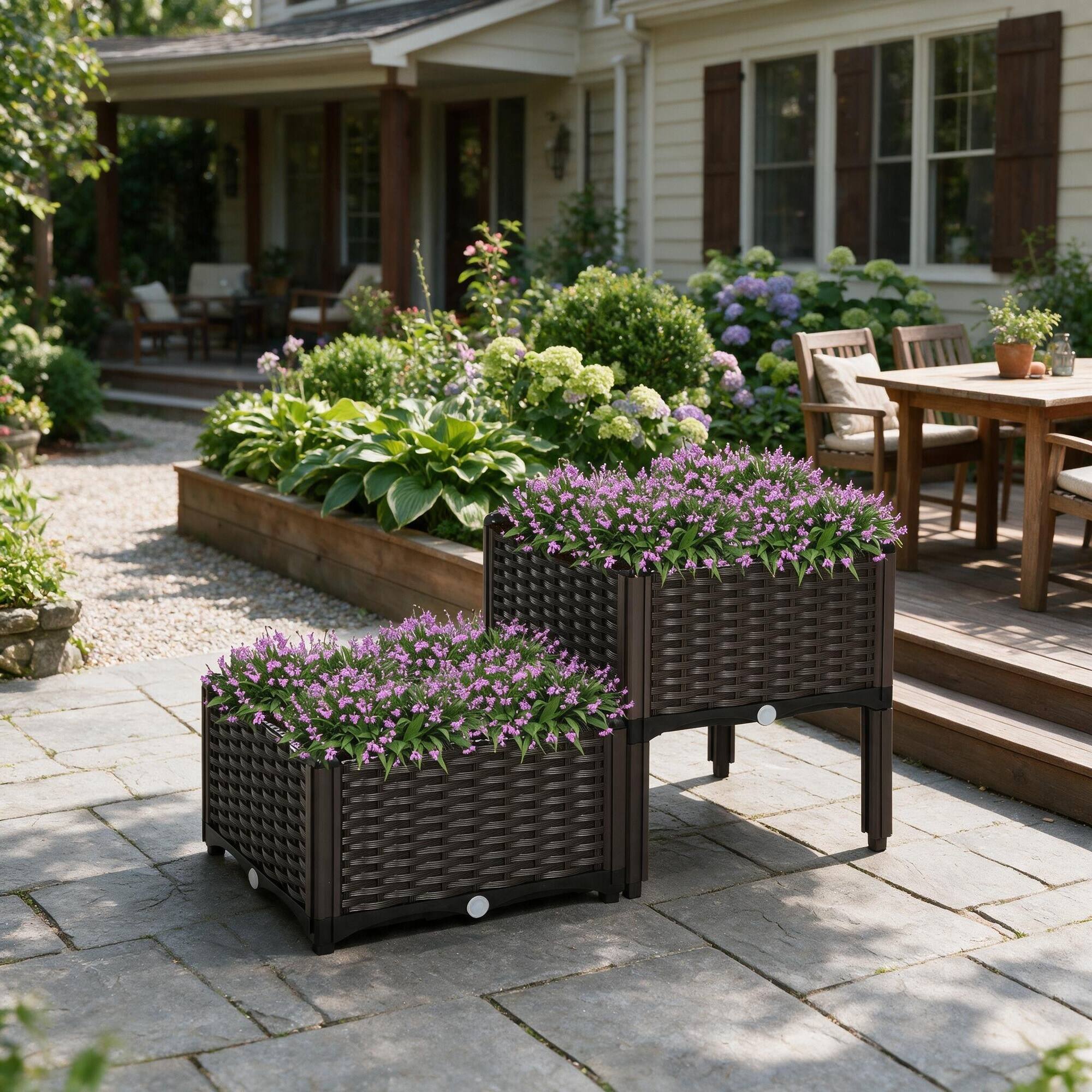 Left. RYHNUYNE - Outsunny Raised Garden Bed with Legs, Self-Watering Planter Box, Polypropylene Rattan Planter for Flowers, Herbs & - Matte Brown.