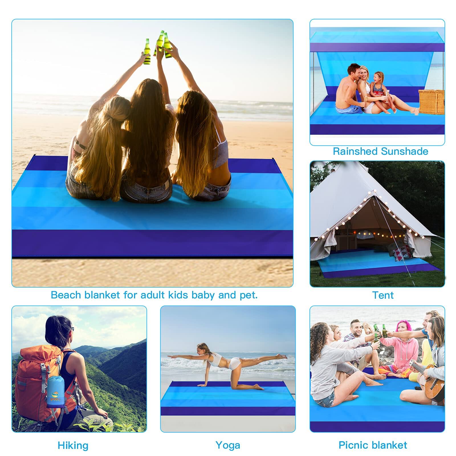 - Rainshed Sunshade
- Beach blanket for adult kids baby and pet.
- Tent
- Hiking
- Yoga
- Picnic blanket