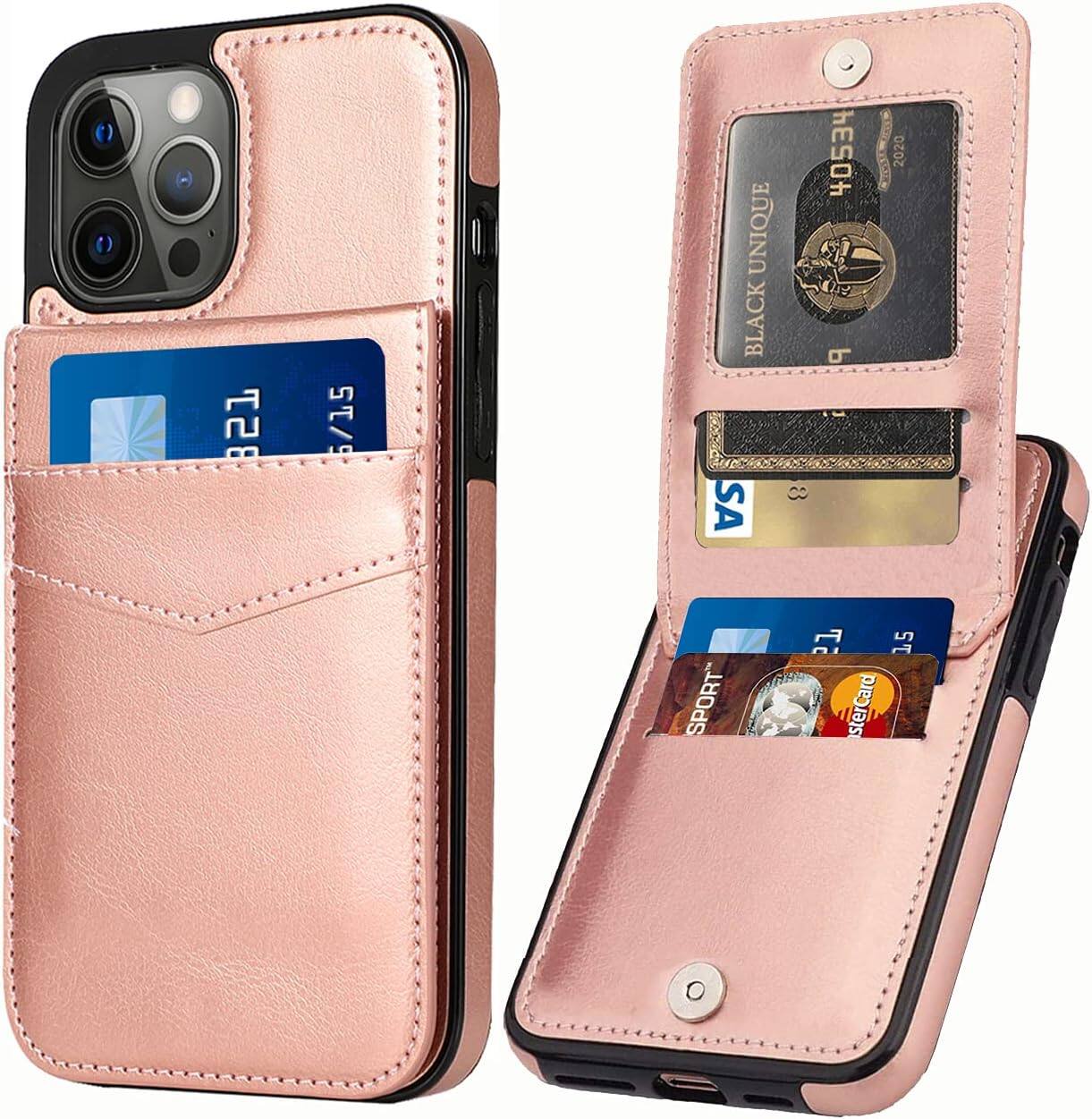 Entronix - Slim Leather Wallet Case for iPhone 14 Pro Max with 6 Card Slots - Pink