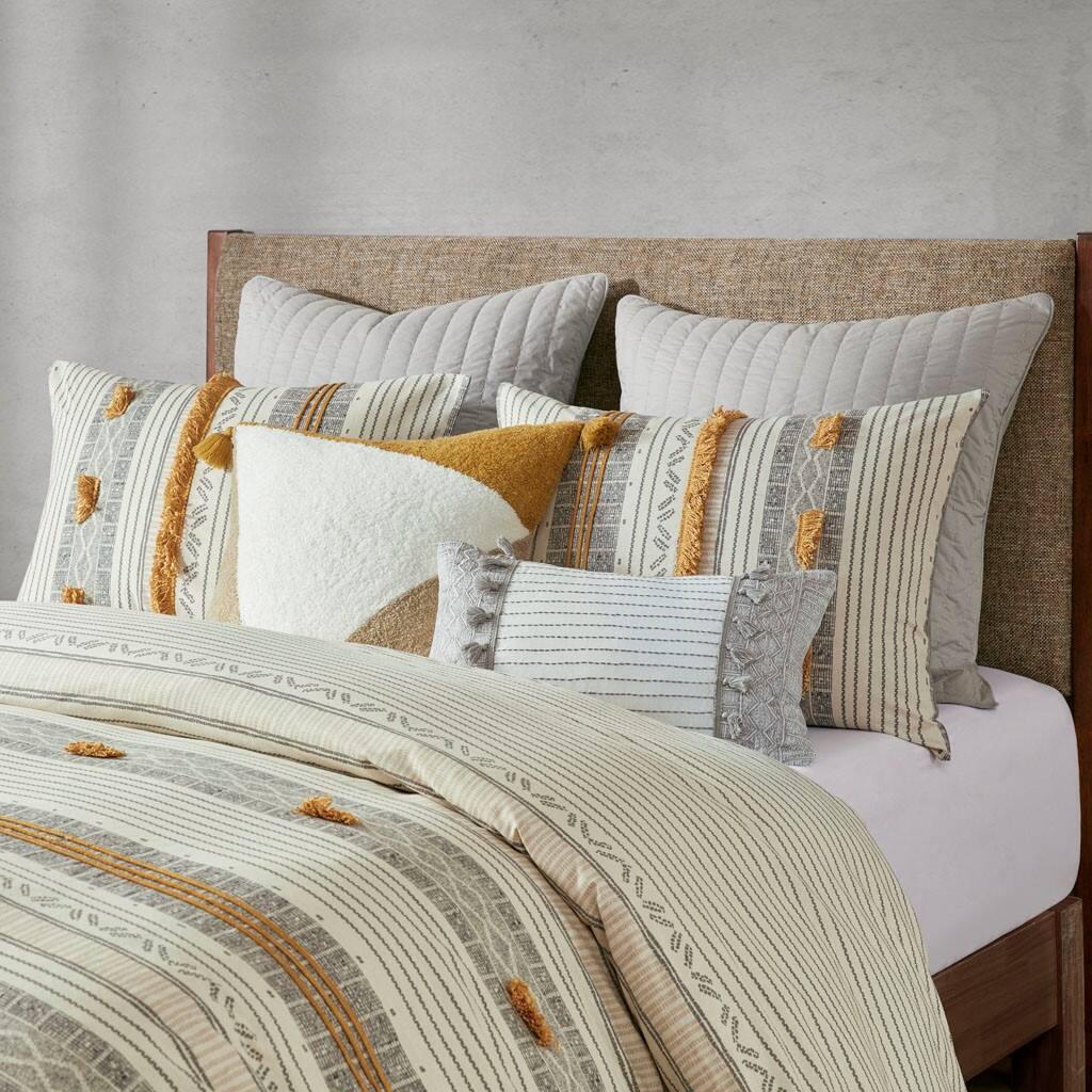 Alt View 2. Gracie Mills - Gracie Mills Belinda Serene Stripe 3-Piece Cotton Duvet Cover Set - Gray/Yellow.
