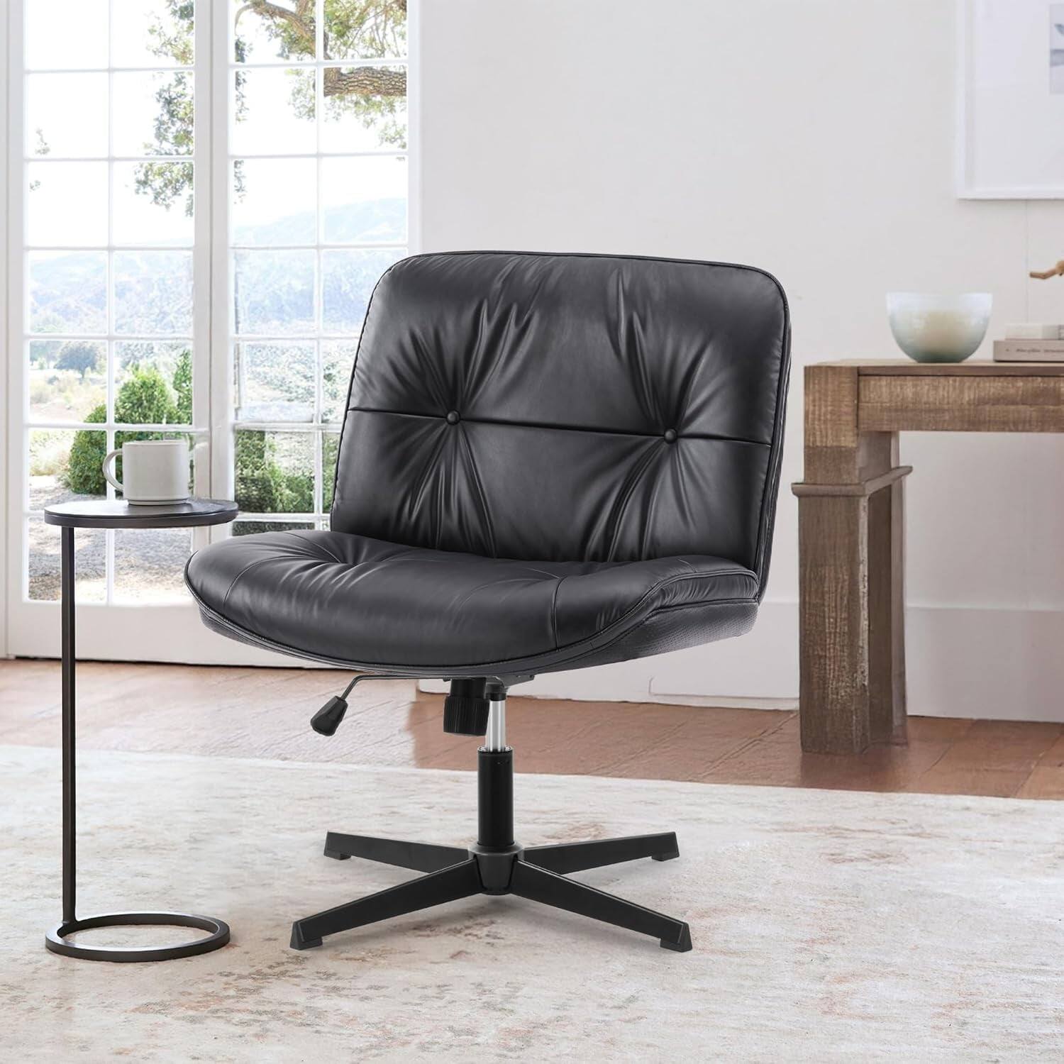 Alt View 5. AOITUN - Armless Office Chair without Wheels - Adjustable Swivel, Cross Legged Design, Wide Seat, Ergonomic PU Leather, Black - Black.