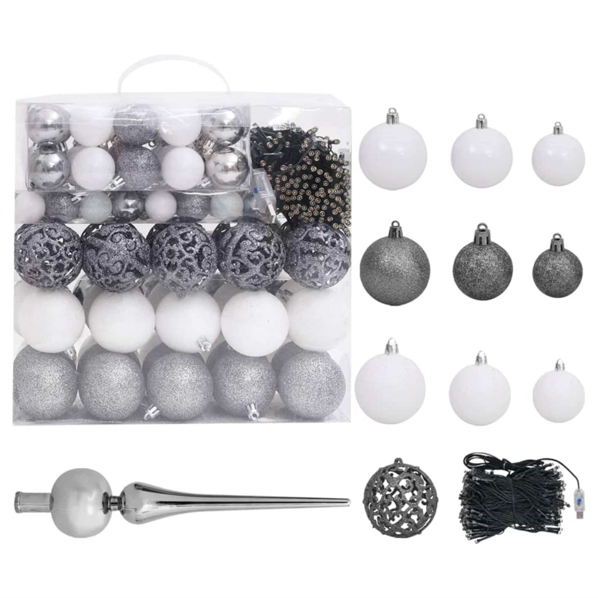 vidaXL - 120 Piece Christmas Ball Set with Peak and 300 LEDs White&Gey - Gray
