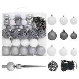vidaXL - 120 Piece Christmas Ball Set with Peak and 300 LEDs White&Gey - Gray