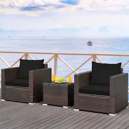 Costway - 3PCS Patio Rattan Furniture Set Conversation Sofa Cushioned - Black
