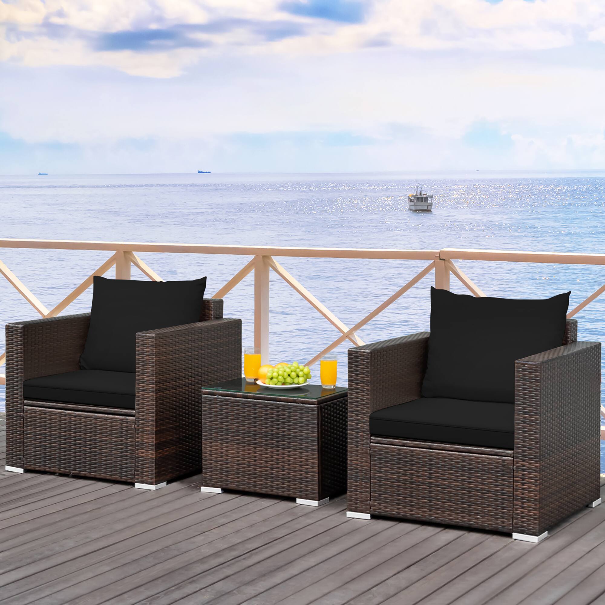 Alt View 1. Costway - Costway 3PCS Patio Rattan Furniture Set Conversation Sofa Cushioned - Black.