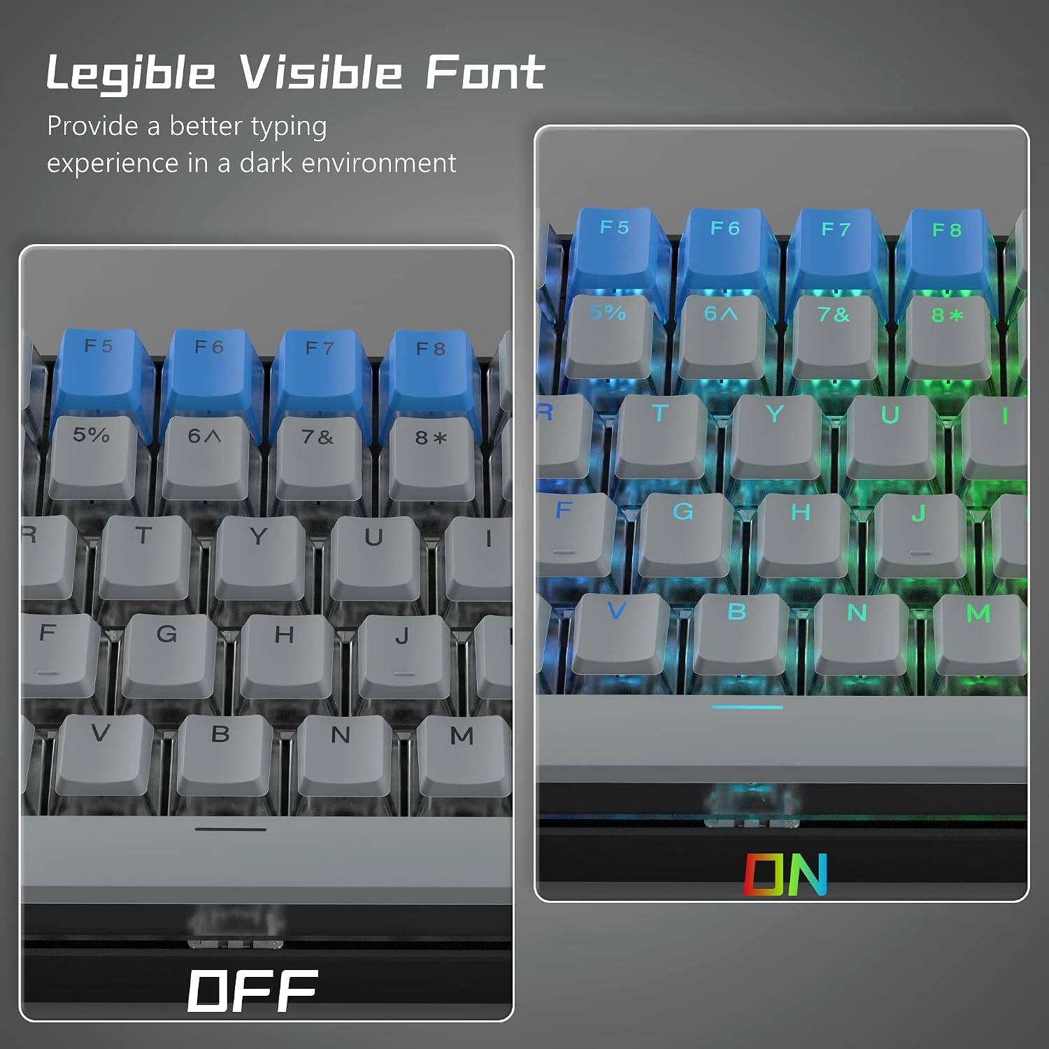 Legible Visible Font  
Provide a better typing experience in a dark environment  

F5 F6 F7 F8  
5% 6^ 7& 8*  

R T Y U I  
F G H J  

V B N M  

ON OFF