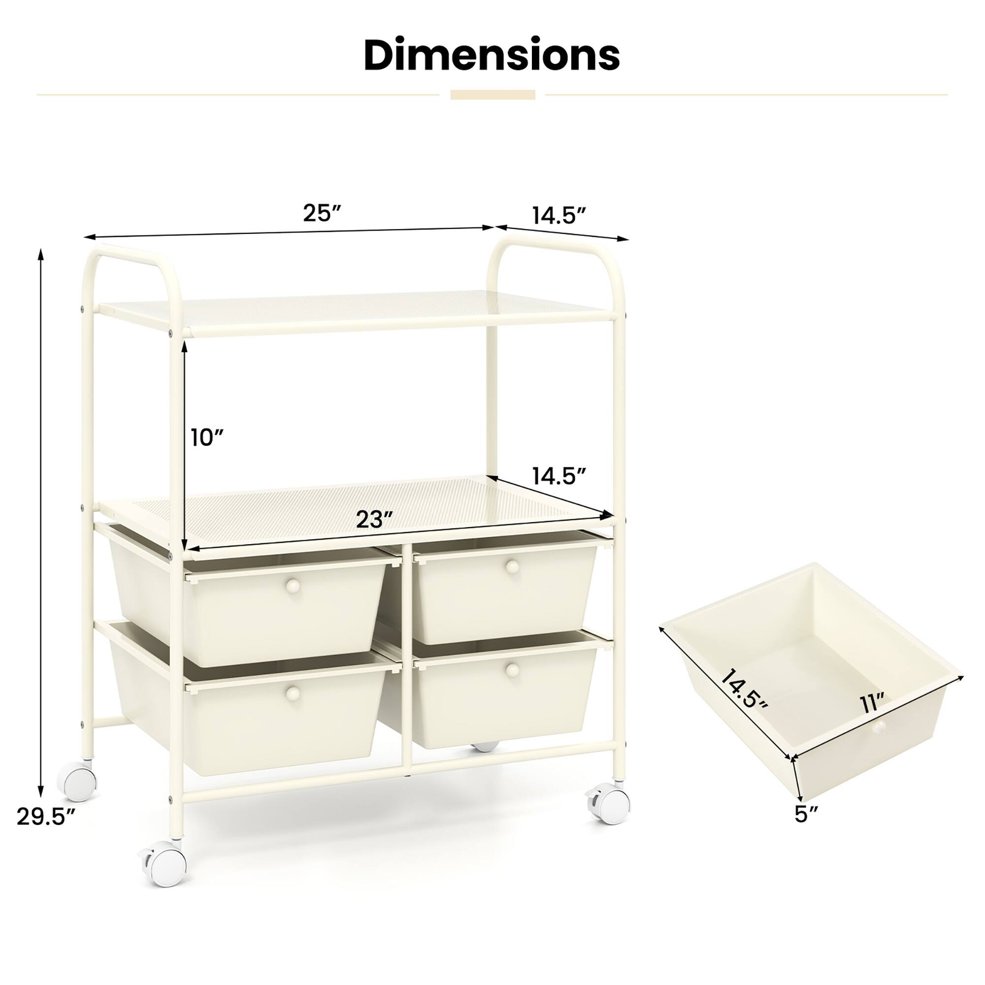 Dimensions

- Width: 25"
- Depth: 14.5"
- Height: 29.5"
- Shelf Height: 10"
- Shelf Width: 23"
- Drawer Dimensions: 14.5" x 11" x 5"