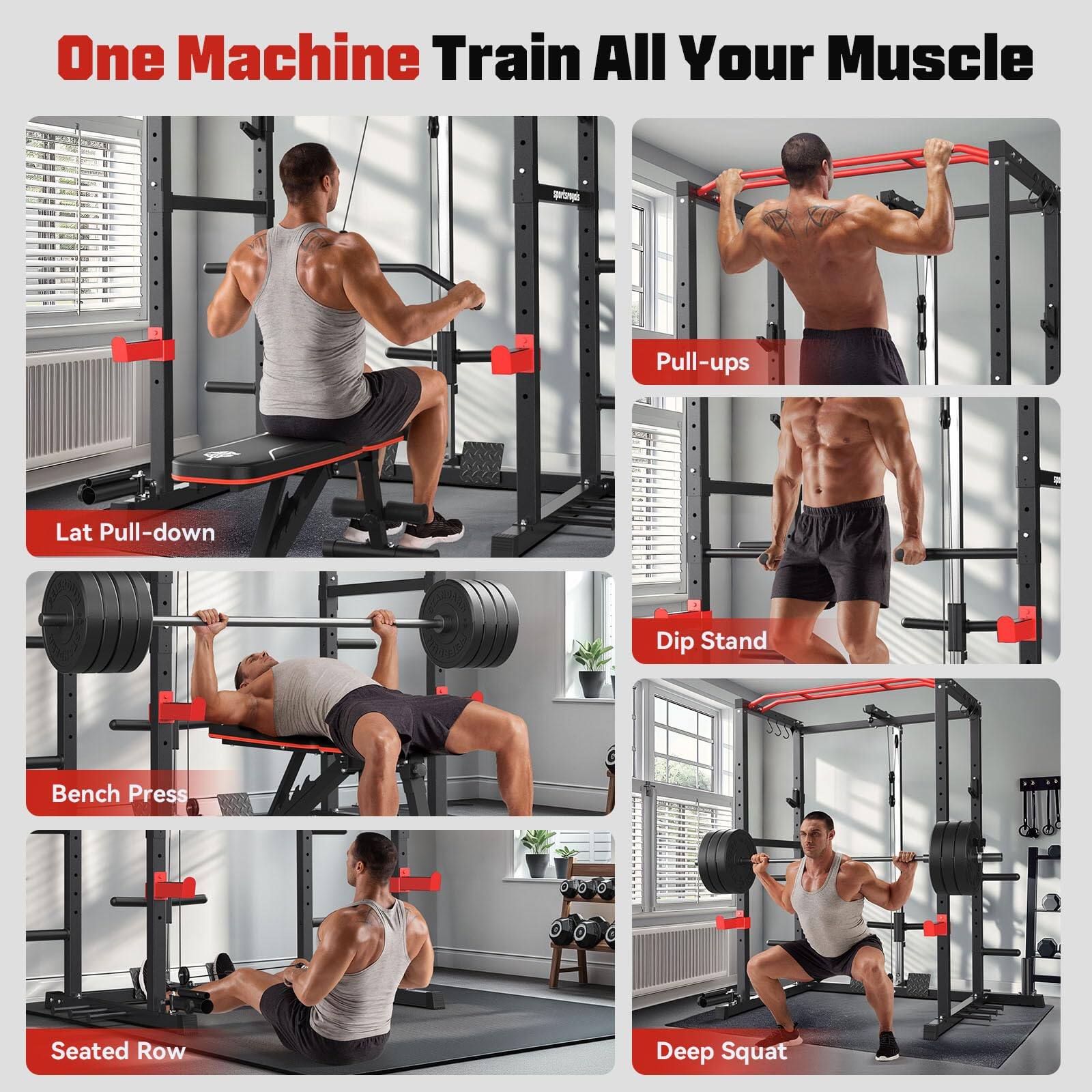 One Machine Train All Your Muscle

- Lat Pull-down
- Pull-ups
- Bench Press
- Seated Row
- Dip Stand
- Deep Squat