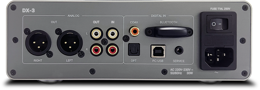 The text on the image reads: "DX-3 Analog Digital In Fuse Tial 250V Out Out In Coax Bluetooth - L R Right Left Opt PC-USB Service AC 220V-230V ~ 50/60Hz 30W."