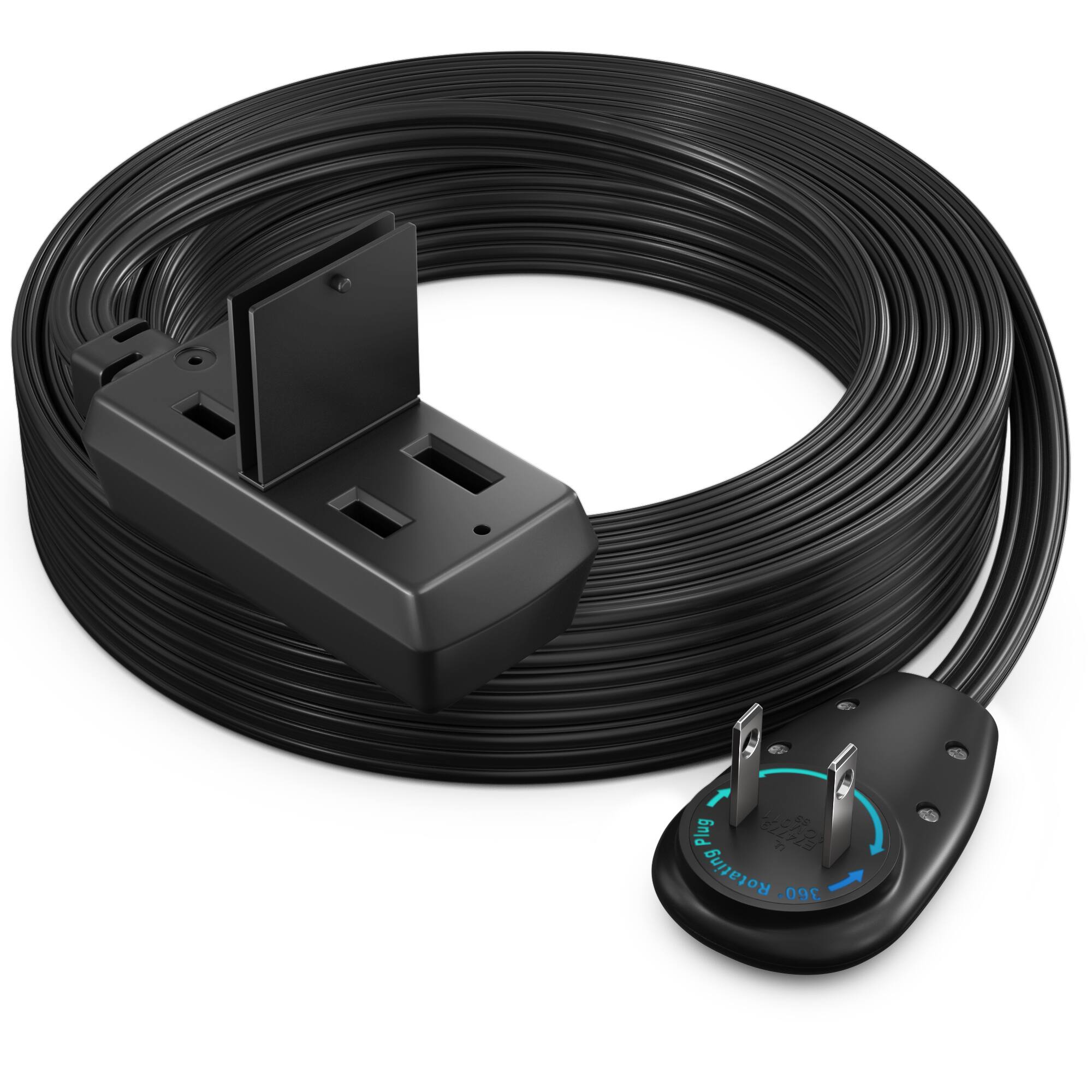 Maximm - 15ft 360° Rotating Flat Plug Extension Cord/Wire, 16 AWG Multi 3 Outlet, 2 Prong with Safety Cover - UL Certified - Black