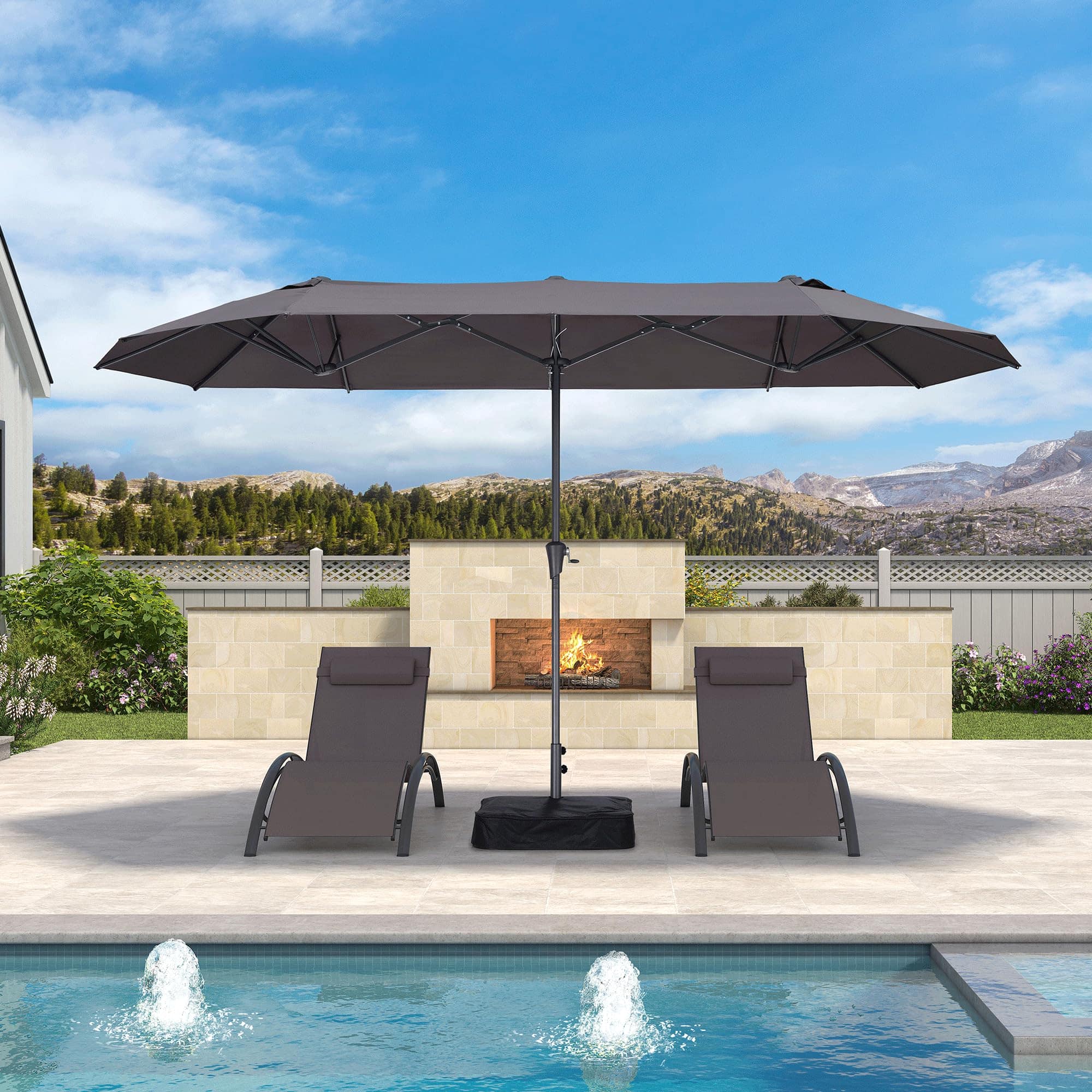 Front. PURPLE LEAF - 13 ft. Patio Market Umbrella with Base Double-Sided Outdoor Table Sun Umbrellas with Crank for Pool Beach Deck Backyard - Light Gray.
