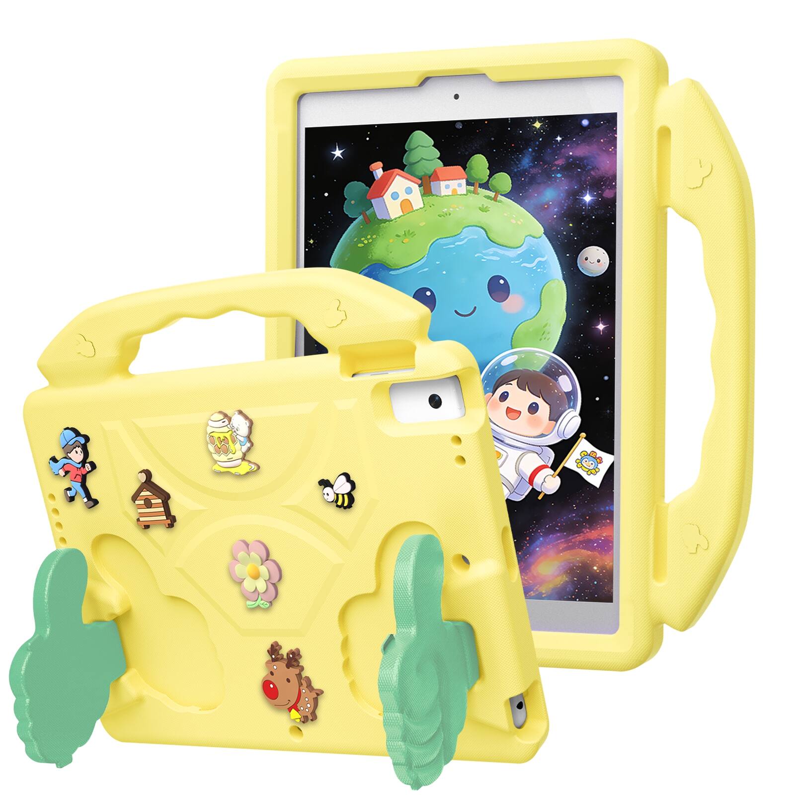 Angle. UUCOVER - Kids Case for iPad 9th 8th 7th Gen 10.2-inch (2021/2020/2019) Shockproof EVA Handle Stand Anti-Slip Protective Cover - Yellow.
