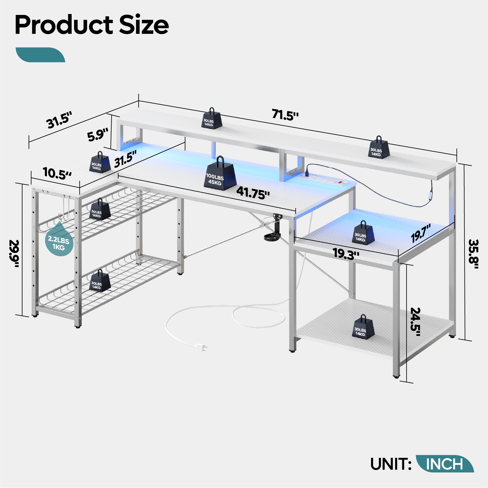 Product Size: 29.9" 31.5" 5.9" - U 31.5" 10.5" SOLES - 2.2LBS 1KG SOLEIS - - 71.5" - 100LBS 45KG 41.75" JOLES LES J 14KD 19.3" 19.7" 35.8" JOLS 4K 24.5" UNIT: INCH