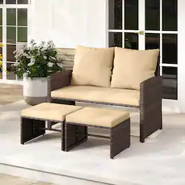 Costway - Outdoor Loveseat with Ottomans, 3 Pieces Patio PE Wicker Furniture Set with Cushions - Mix Brown + Beige