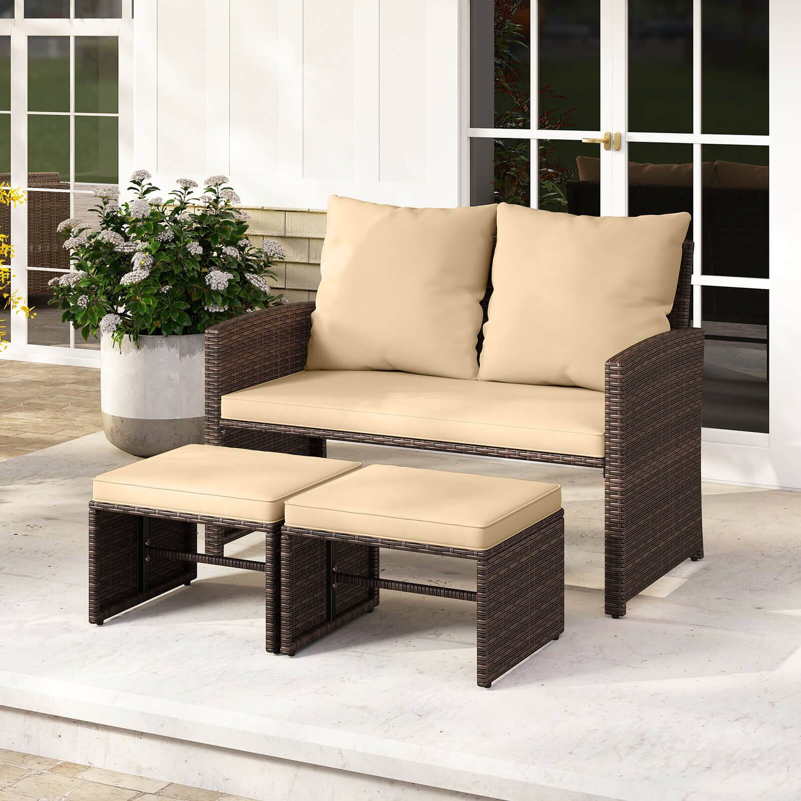 Alt View 1. Costway - Costway Outdoor Loveseat with Ottomans, 3 Pieces Patio PE Wicker Furniture Set with Cushions - Mix Brown, Beige.