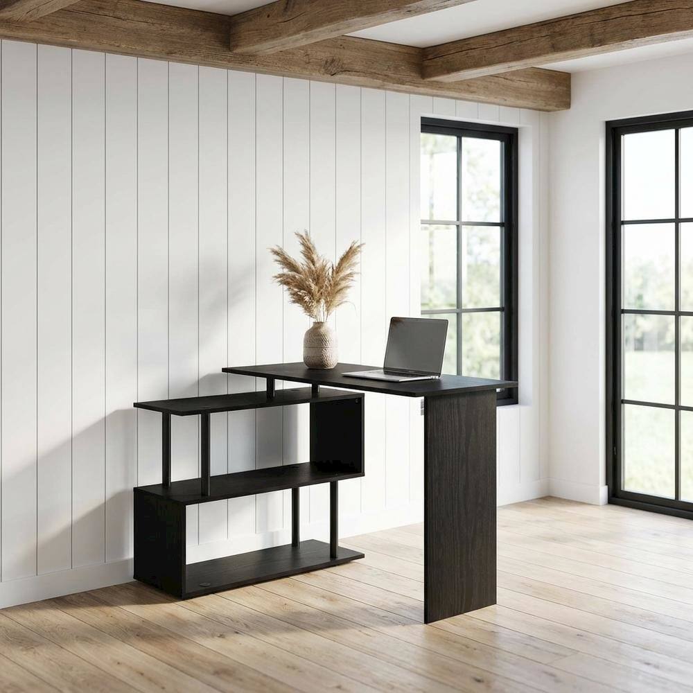 Angle. BisonOffice - L-Shape Computer Desk with 3-Tier Shelves - Americano/Black Modern Design - Americano/Black.
