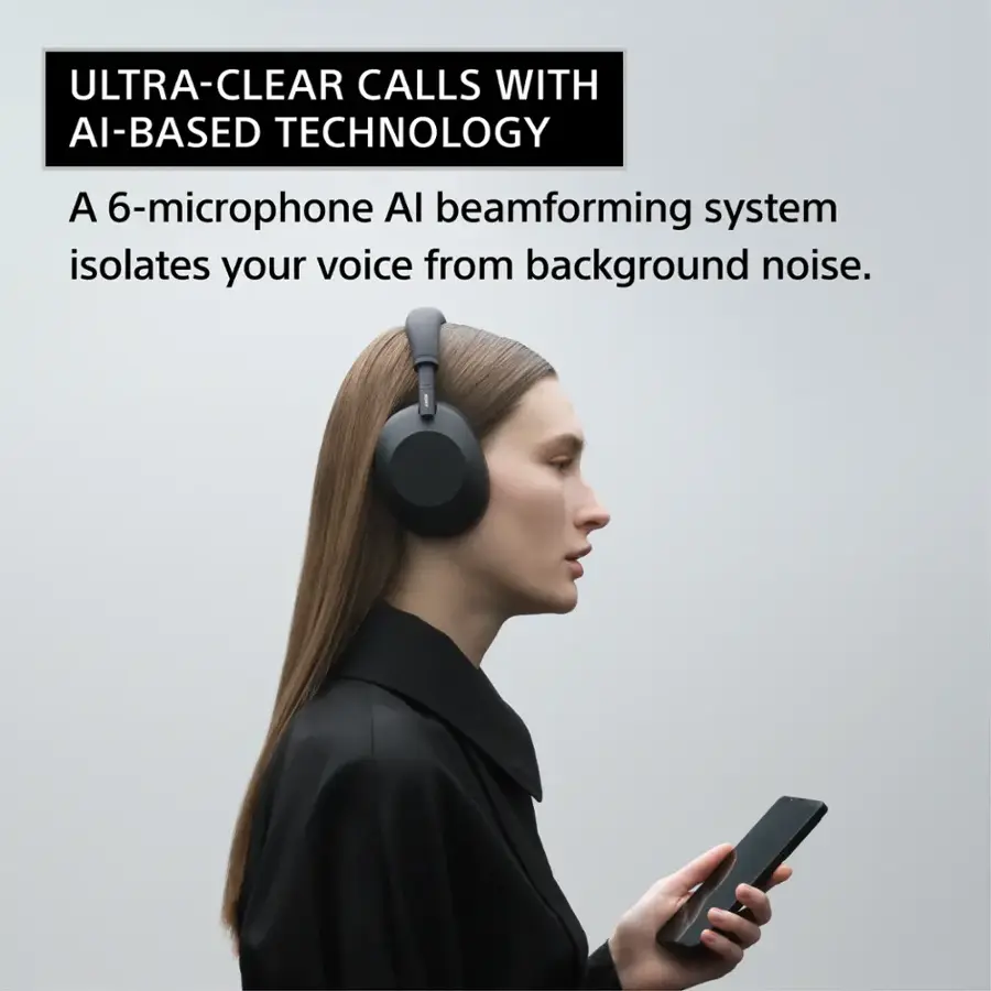 Ultra-clear calls with AI-based technology: A 6-microphone AI beamforming system isolates your voice from background noise.
