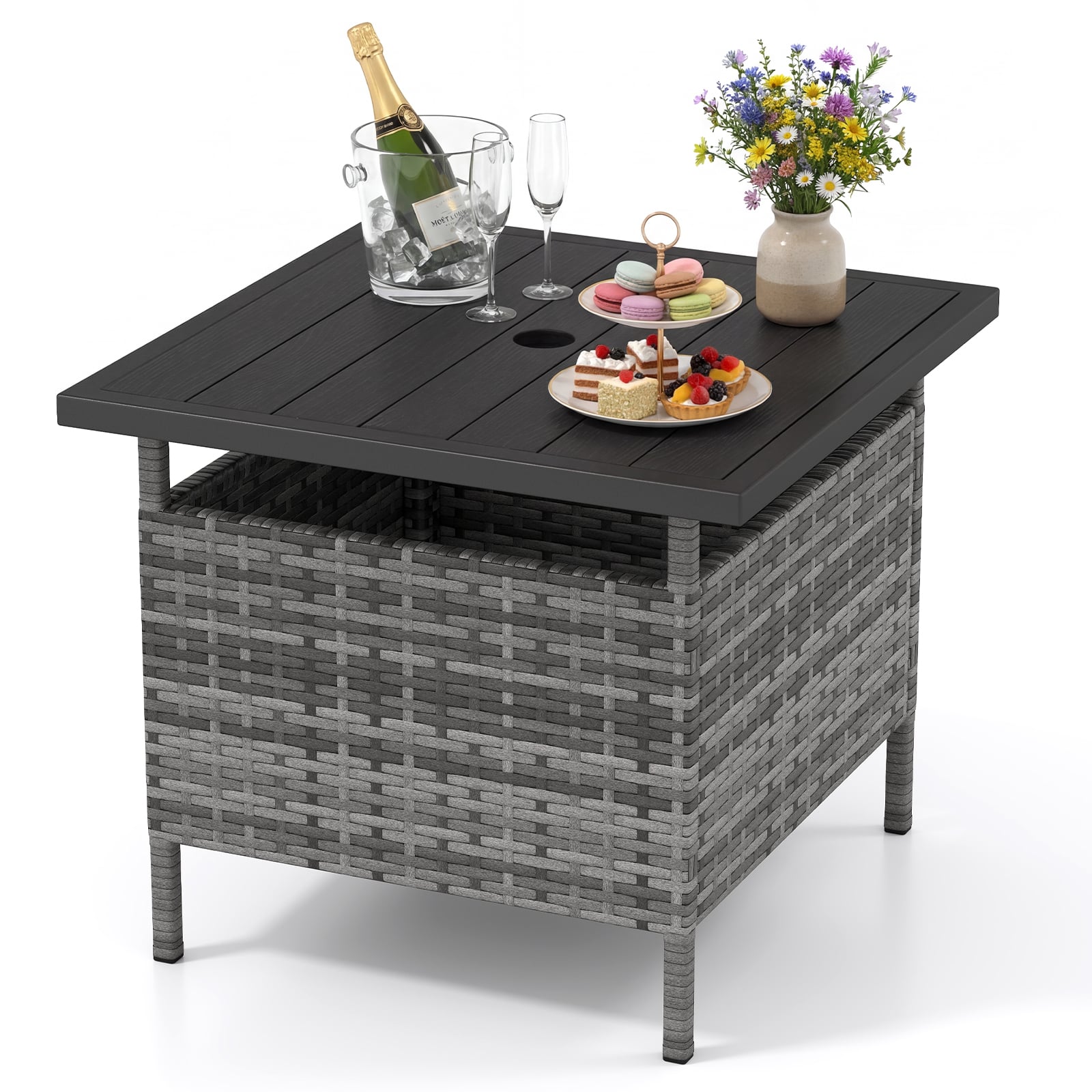 Gymax - 22'' Patio Rattan Square Side End Table Garden Bistro Umbrella Stand Table W/Hole Mix - Gray