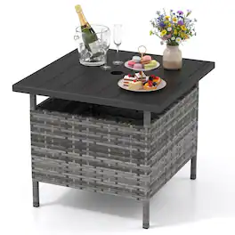 Gymax - 22'' Patio Rattan Square Side End Table Garden Bistro Umbrella Stand Table W/Hole Mix - Gray
