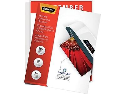 Fellowes Thermal Laminating Pouches  
Pochettes Pour la Plastification à Chaleur  
Bolsas Para Plastificar en Caliente  

200 Sheets  
5" x 7"  

Image Last  
Carried for Life  
Withstands up to 100° C
