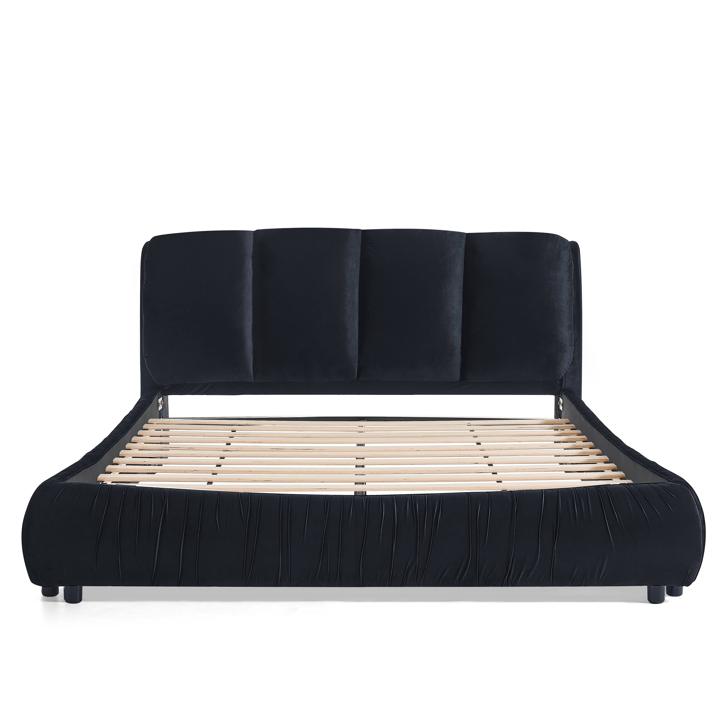 Left. Whisen - Upholstered Platform Bed with Segmented Padded Headboard and Velvet Frame,Sturdy Support - Black.