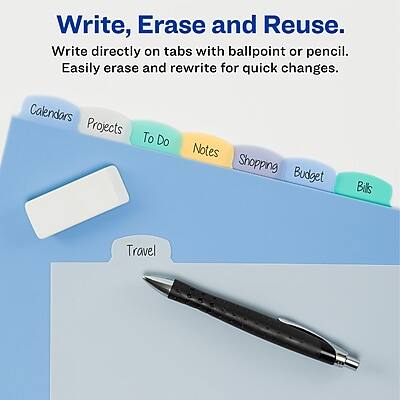 Write, Erase and Reuse.  
Write directly on tabs with ballpoint or pencil.  
Easily erase and rewrite for quick changes.  

Calendars  
Projects  
To Do  
Notes  
Shopping  
Budget  
Bills  
Travel
