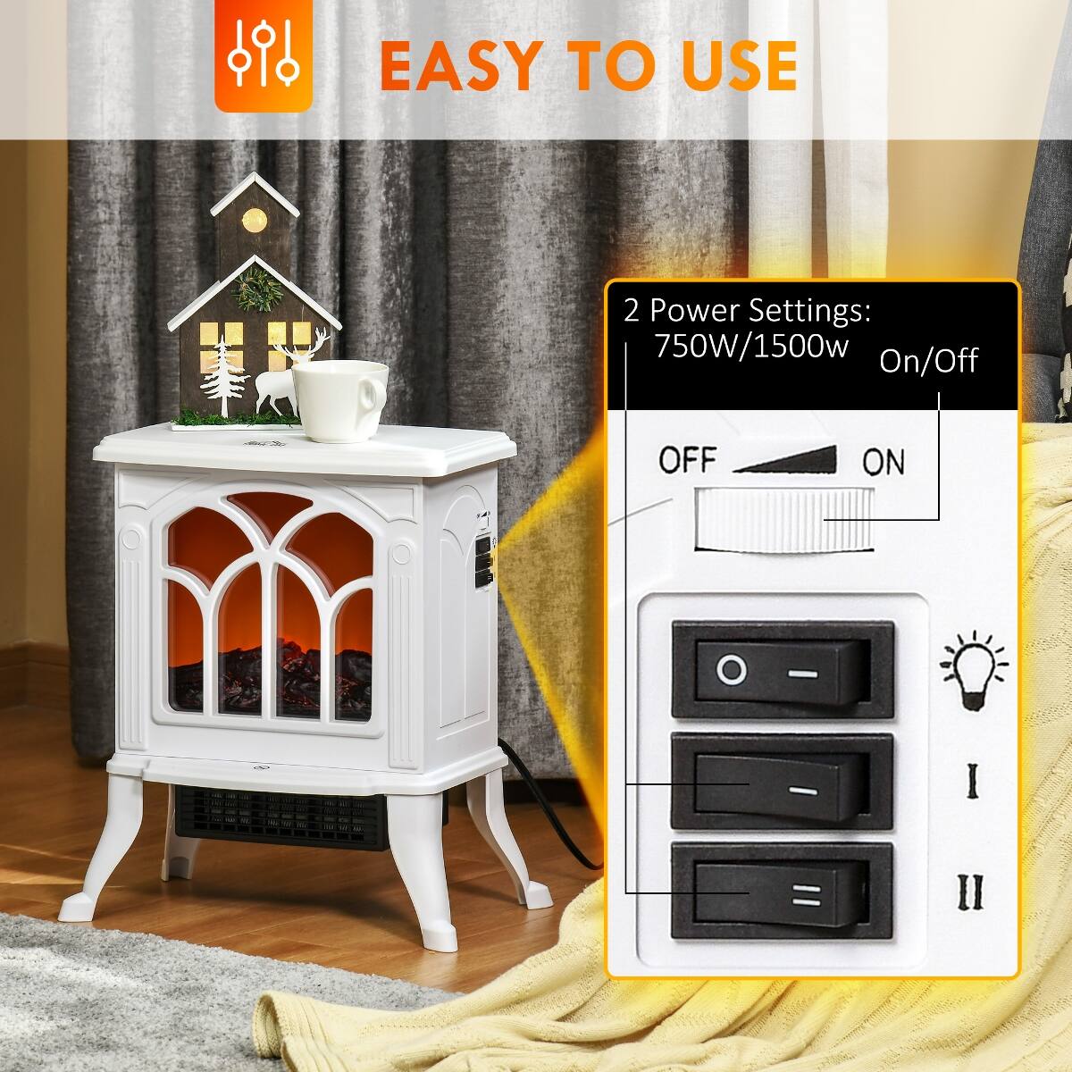 EASY TO USE

2 Power Settings: 750W/1500W On/Off

OFF
ON