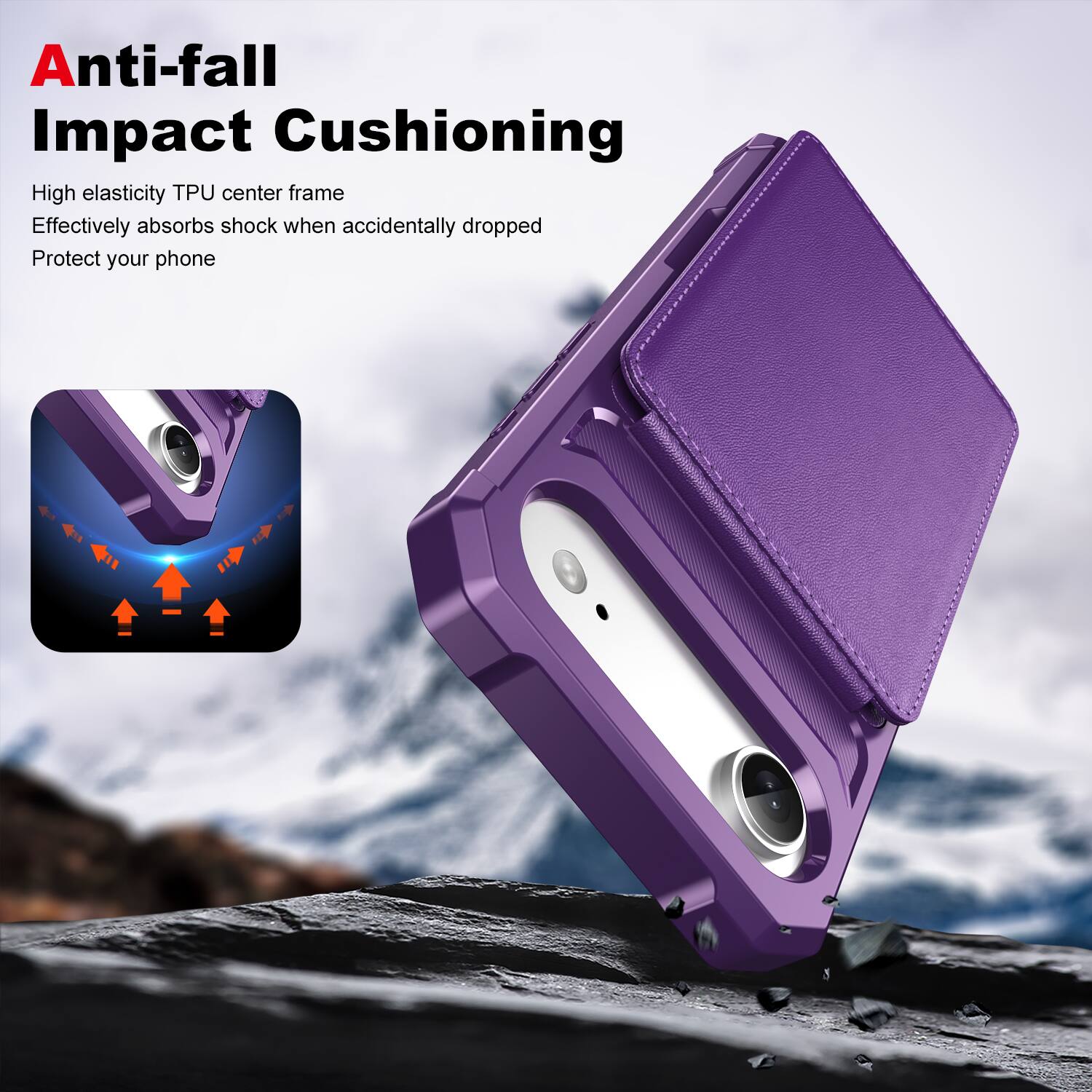 Anti-fall Impact Cushioning

High elasticity TPU center frame  
Effectively absorbs shock when accidentally dropped  
Protect your phone