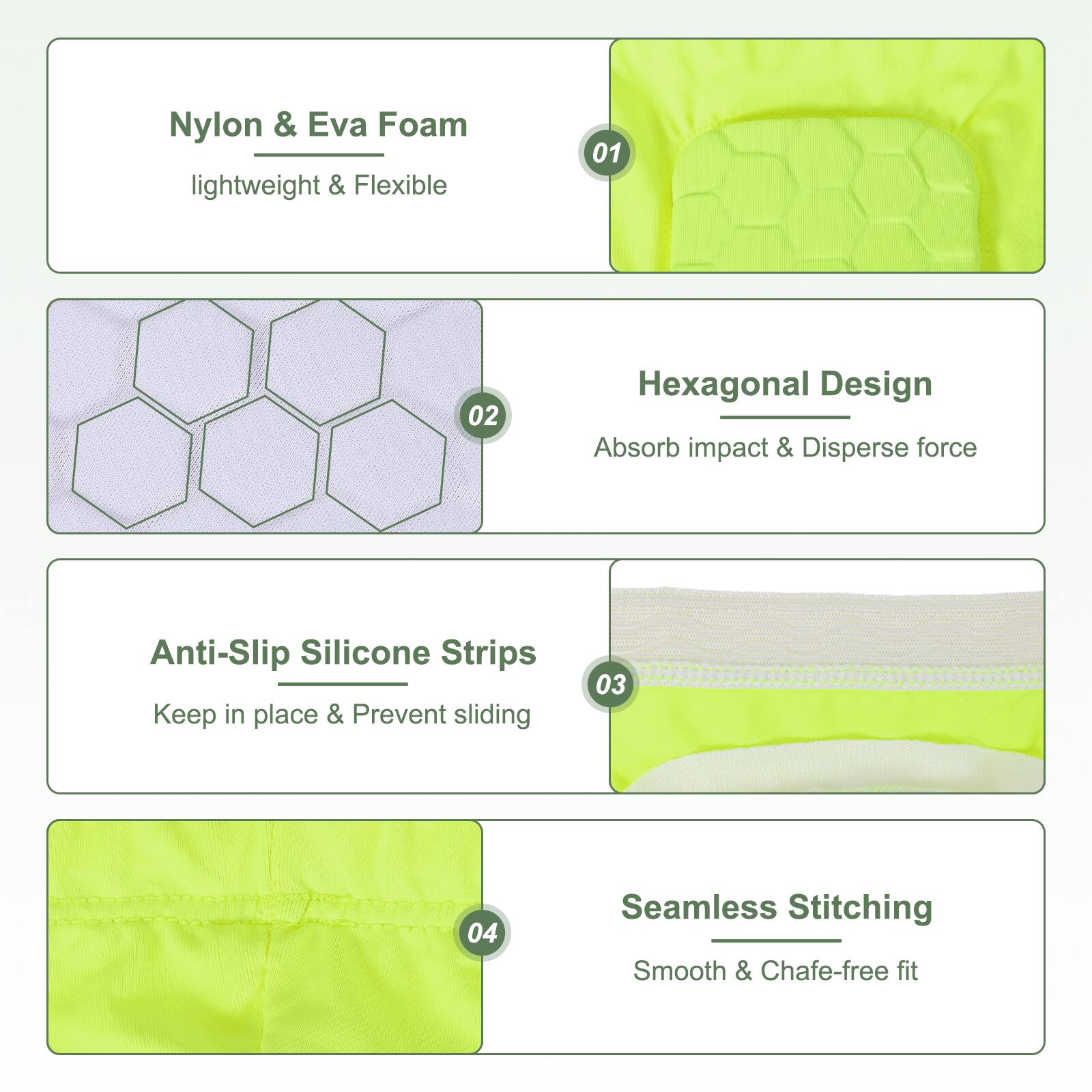 Nylon & Eva Foam lightweight & Flexible

Hexagonal Design Absorb impact & Disperse force

Anti-Slip Silicone Strips Keep in place & Prevent sliding

Seamless Stitching Smooth & Chafe-free fit