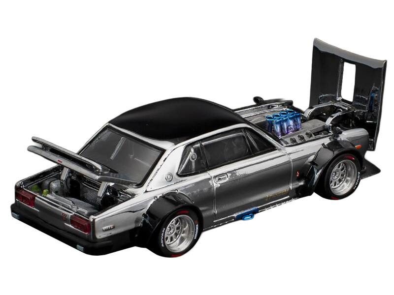 Alt View 2. Pop Race - Skyline GT-R V8 Drift "Hakosuka" RHD (Right Hand Drive) Silver Chrome with Black Hood and Top 1/64 Model Car by Pop Race.