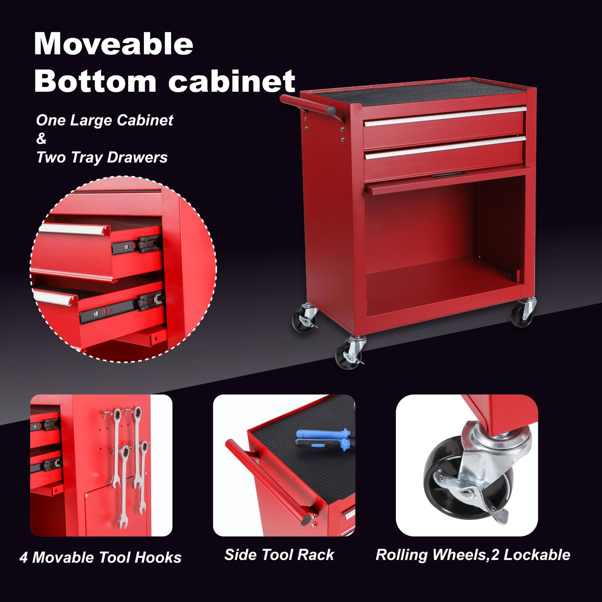 Moveable Bottom cabinet  
One Large Cabinet & Two Tray Drawers  
4 Movable Tool Hooks  
Side Tool Rack  
Rolling Wheels, 2 Lockable